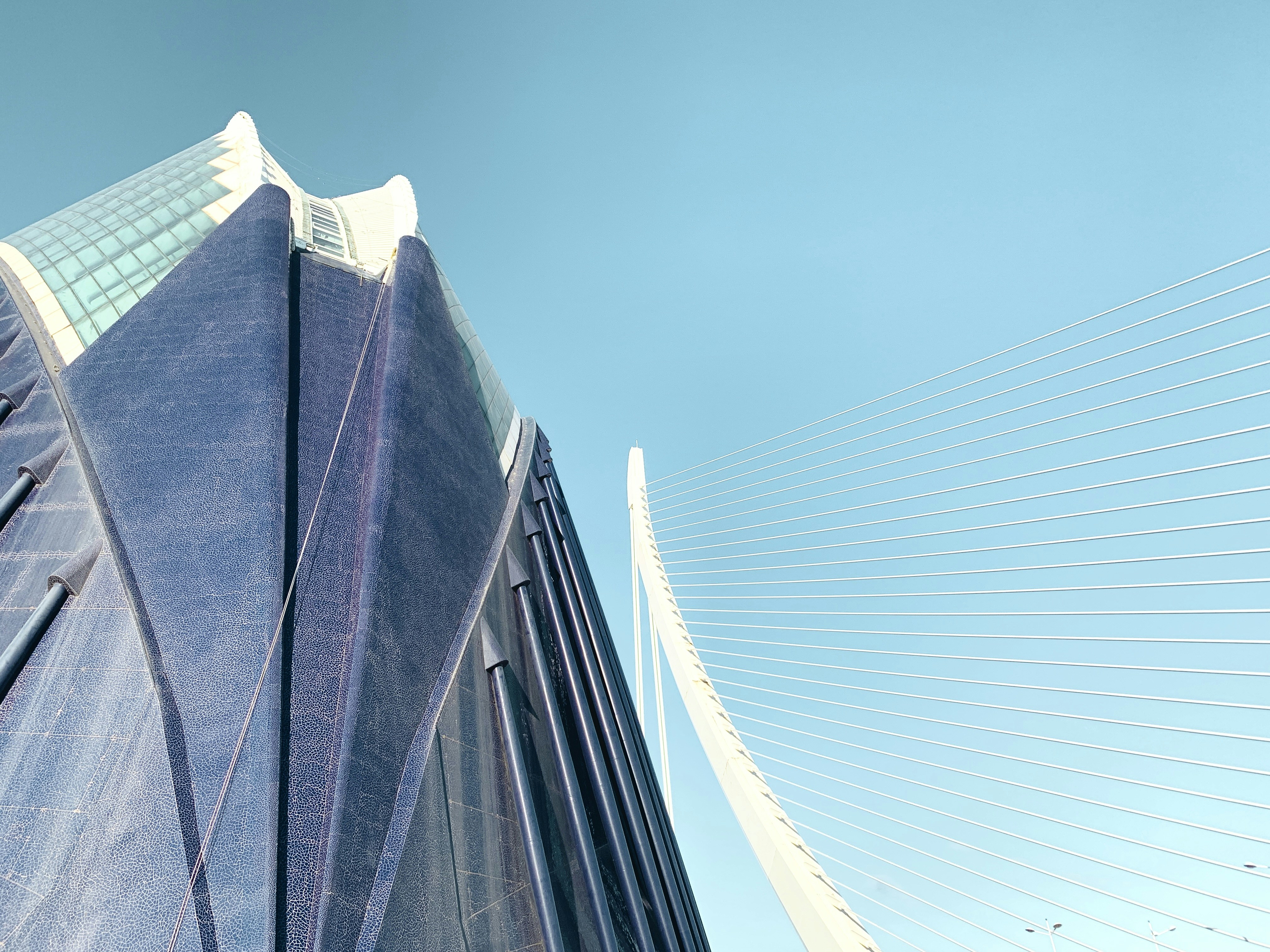 Rascacielos moderno y puente colgante contra cielo despejado