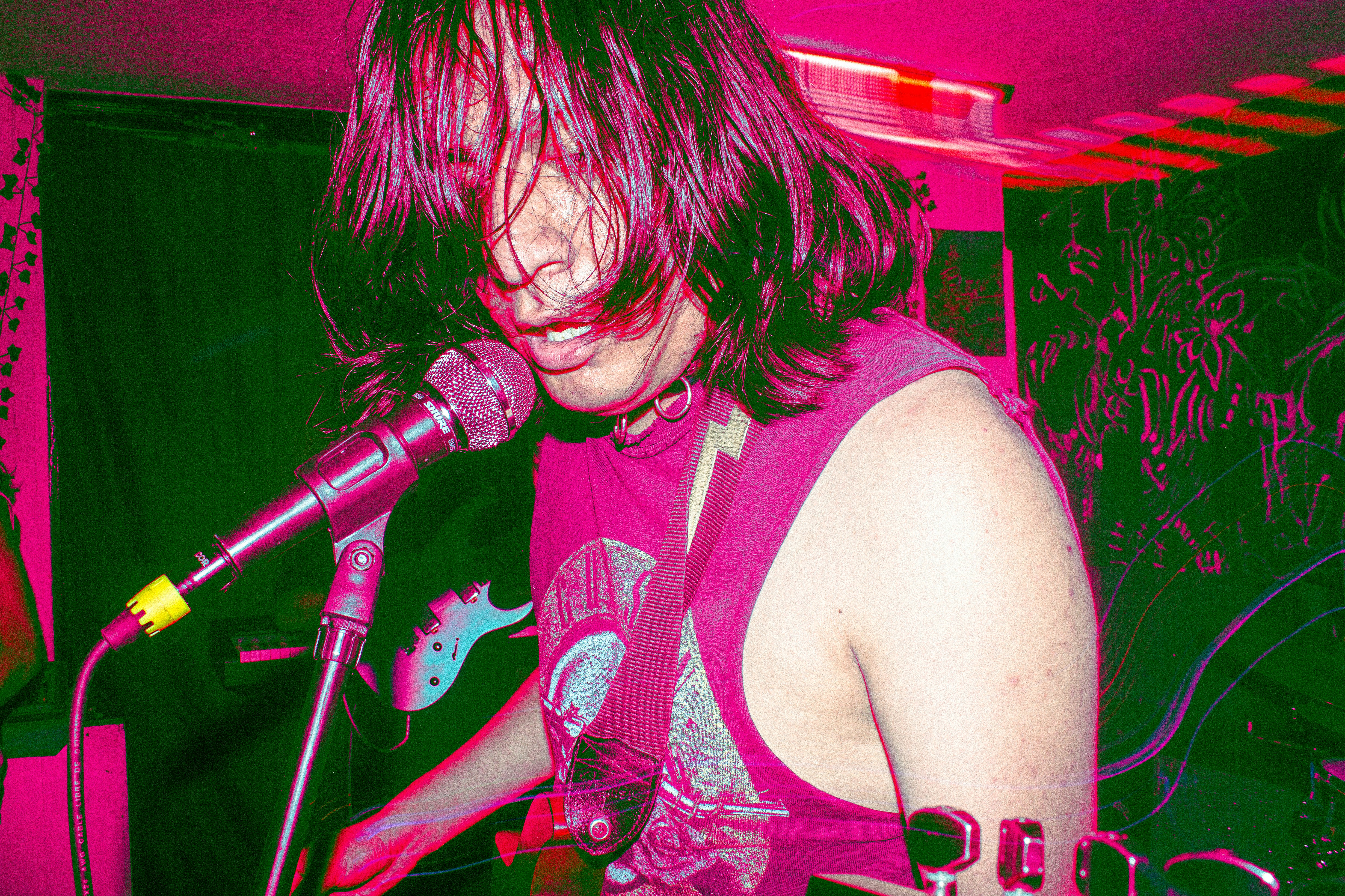 A person sings into a microphone on stage.