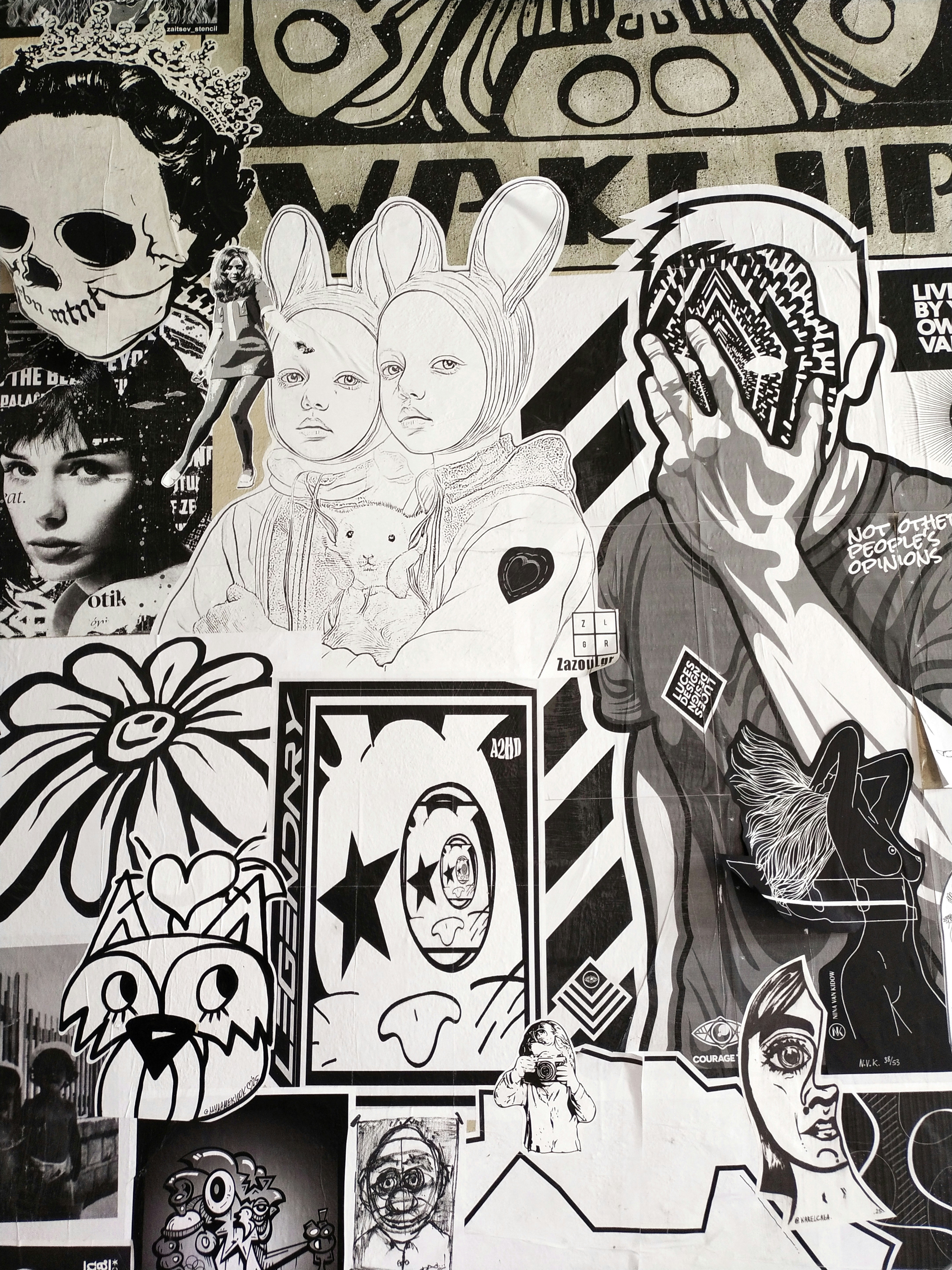 Collage of black and white drawings and illustrations.