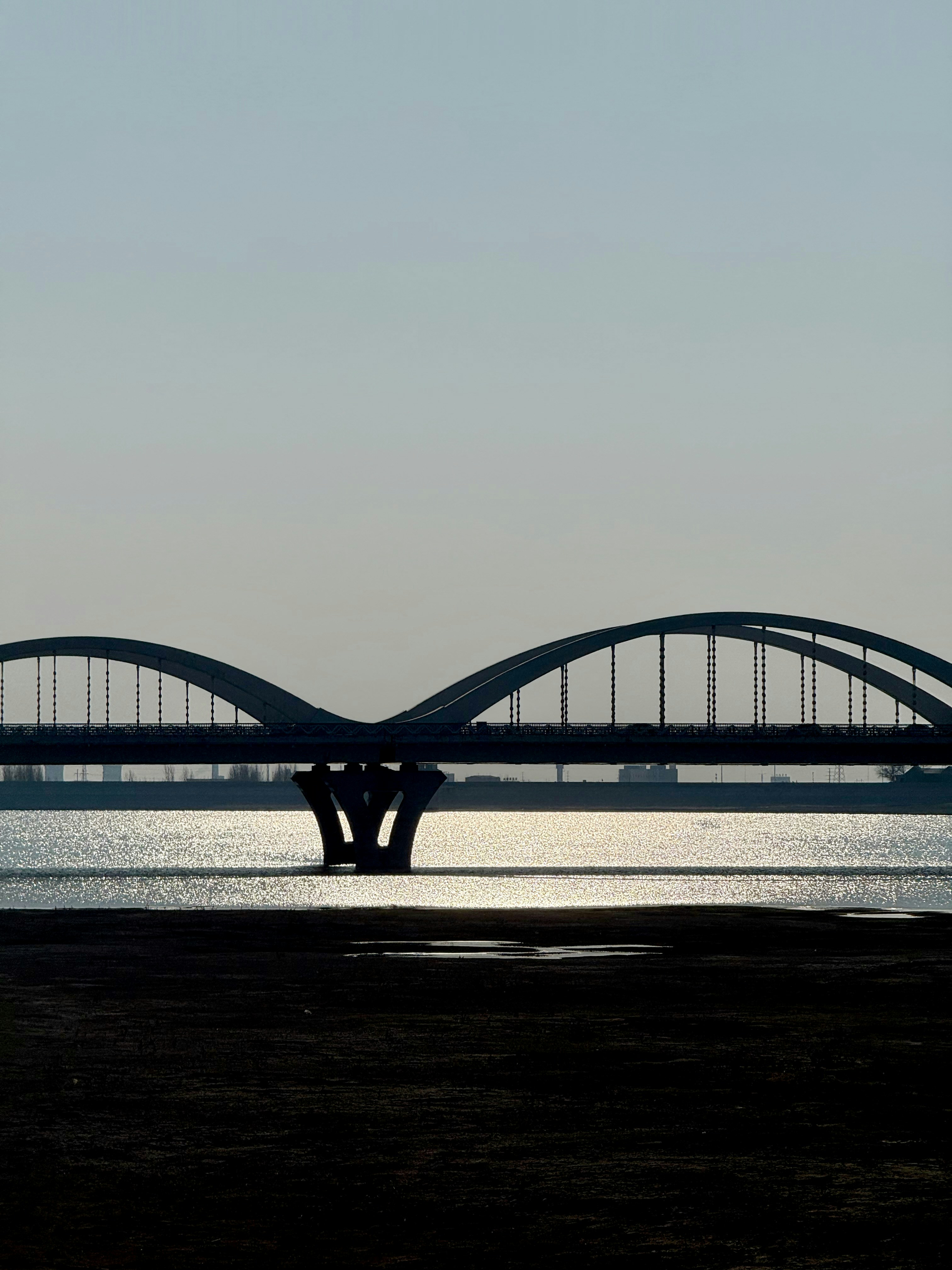 Silhouette of a modern bridge over water at dusk
