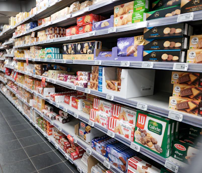Shelves stocked with various cookies and biscuits in a store.