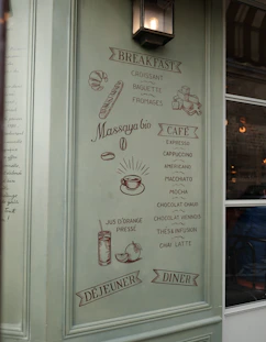 Cafe menu with breakfast, lunch, and dinner items