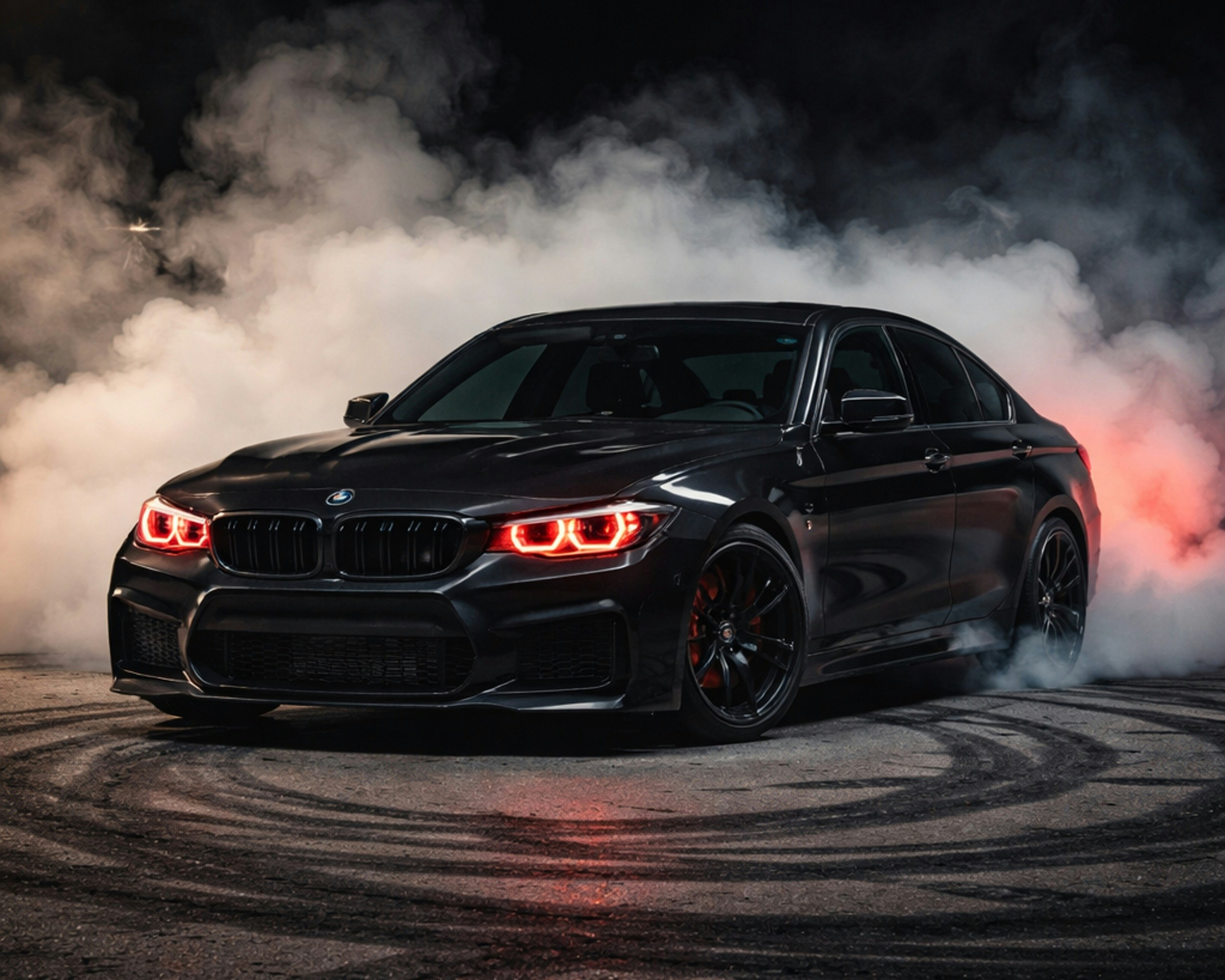 Black car drifting in smoke with red lights