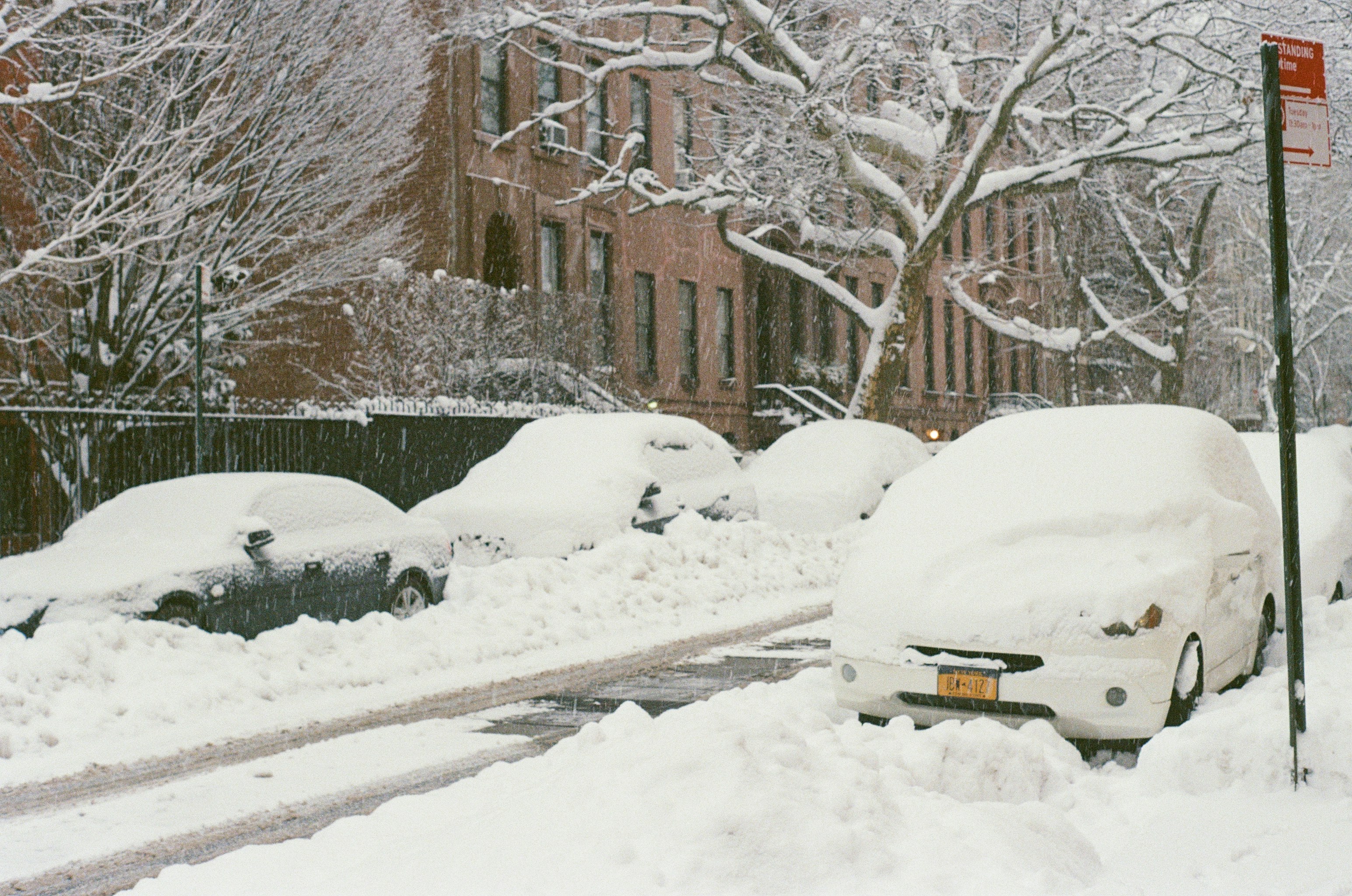 Cars covered in snow on a city street.