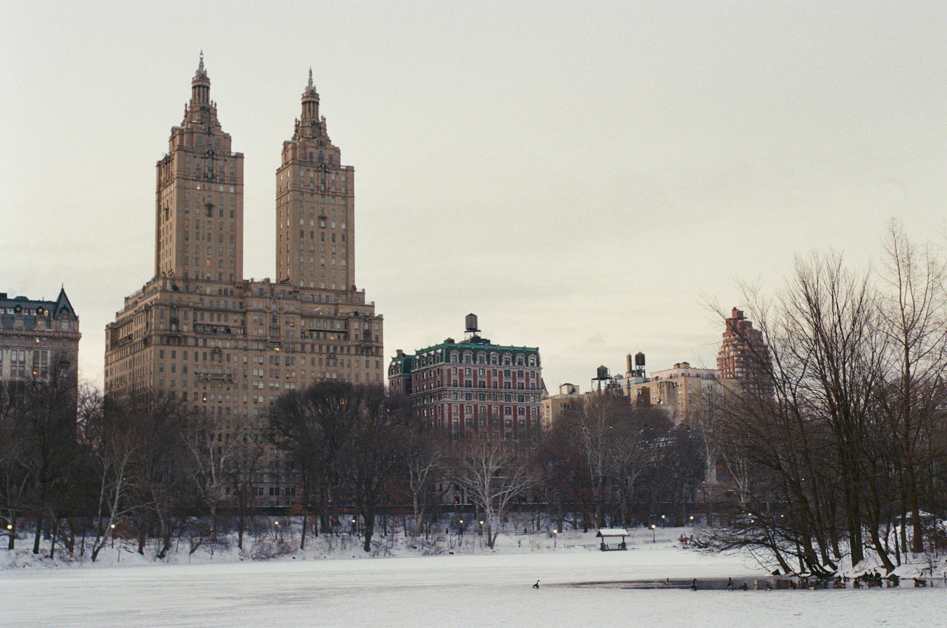Twin towers rise above a snowy park landscape.