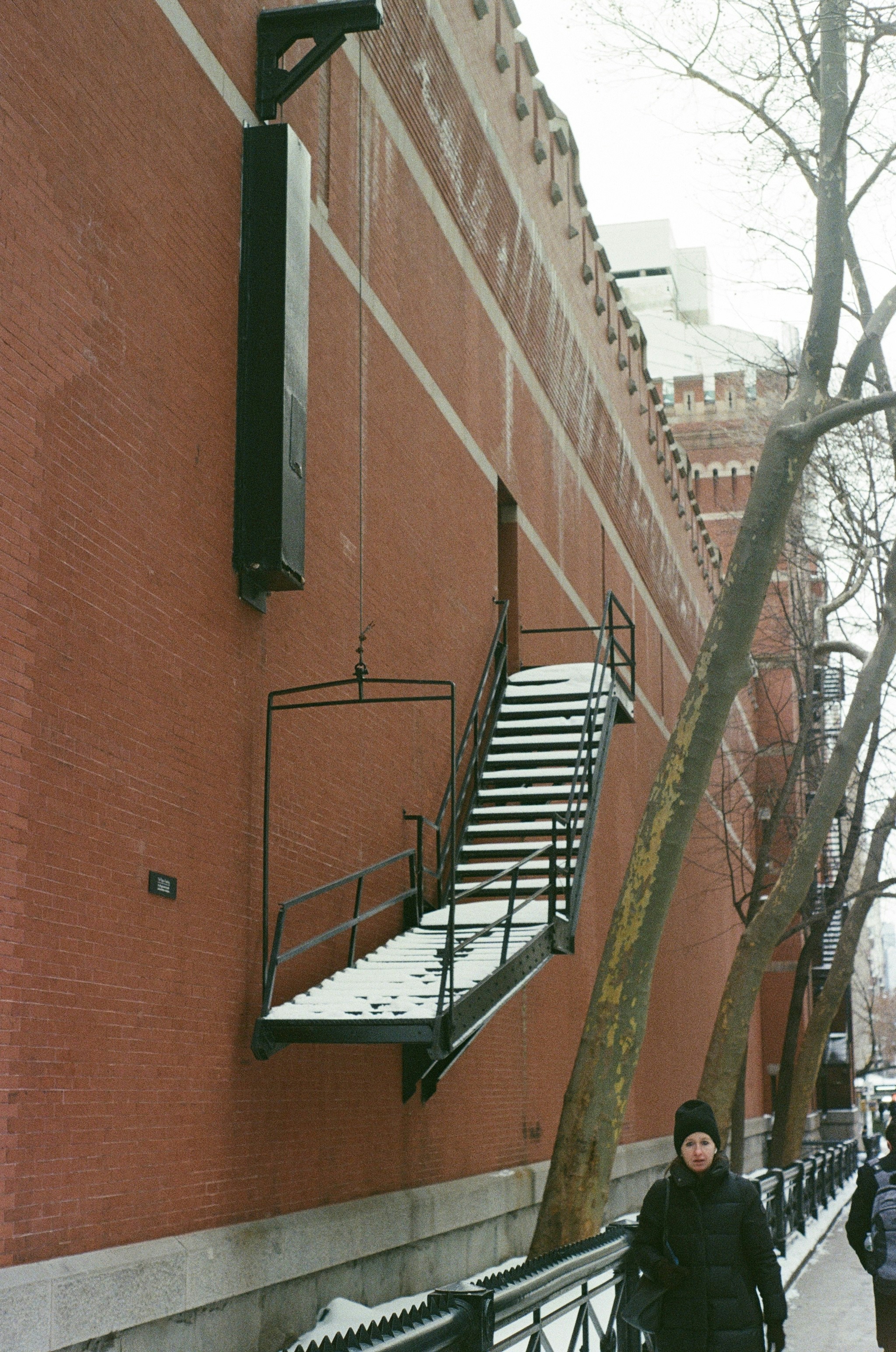 Snow-covered stairs on a brick wall with trees