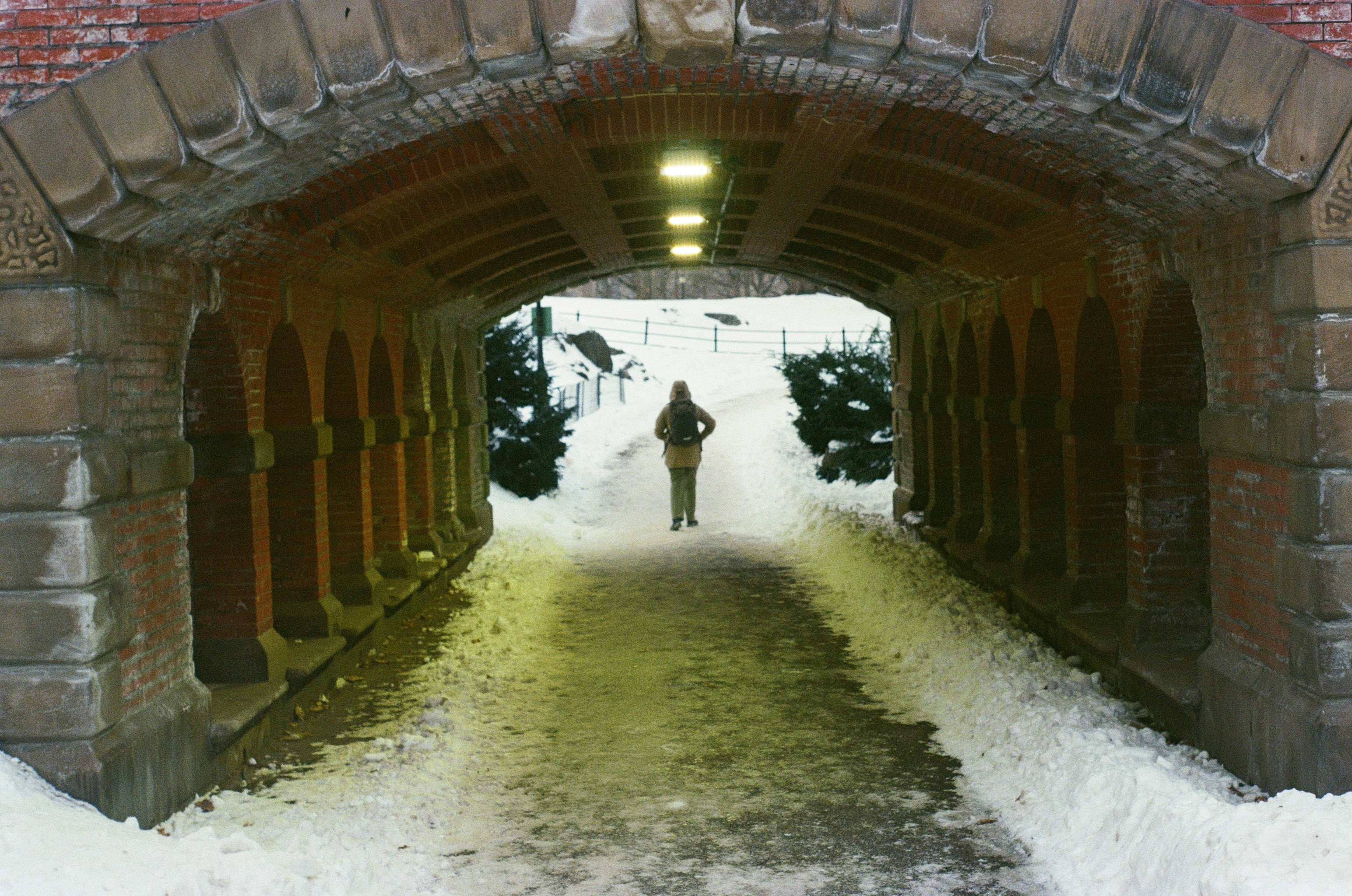 Person walks through a snowy park tunnel.
