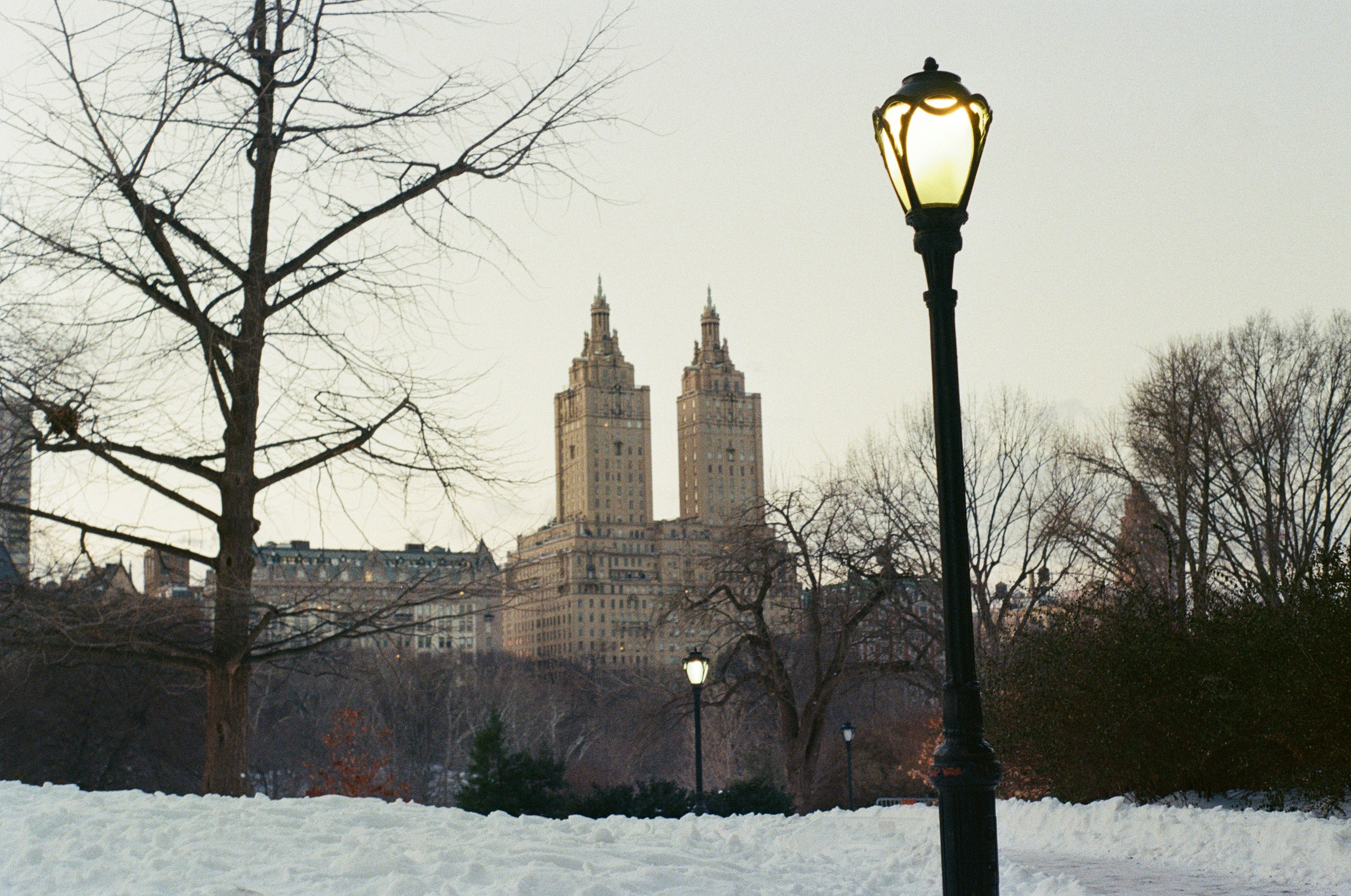 Snowy park with buildings and lamppost in background.