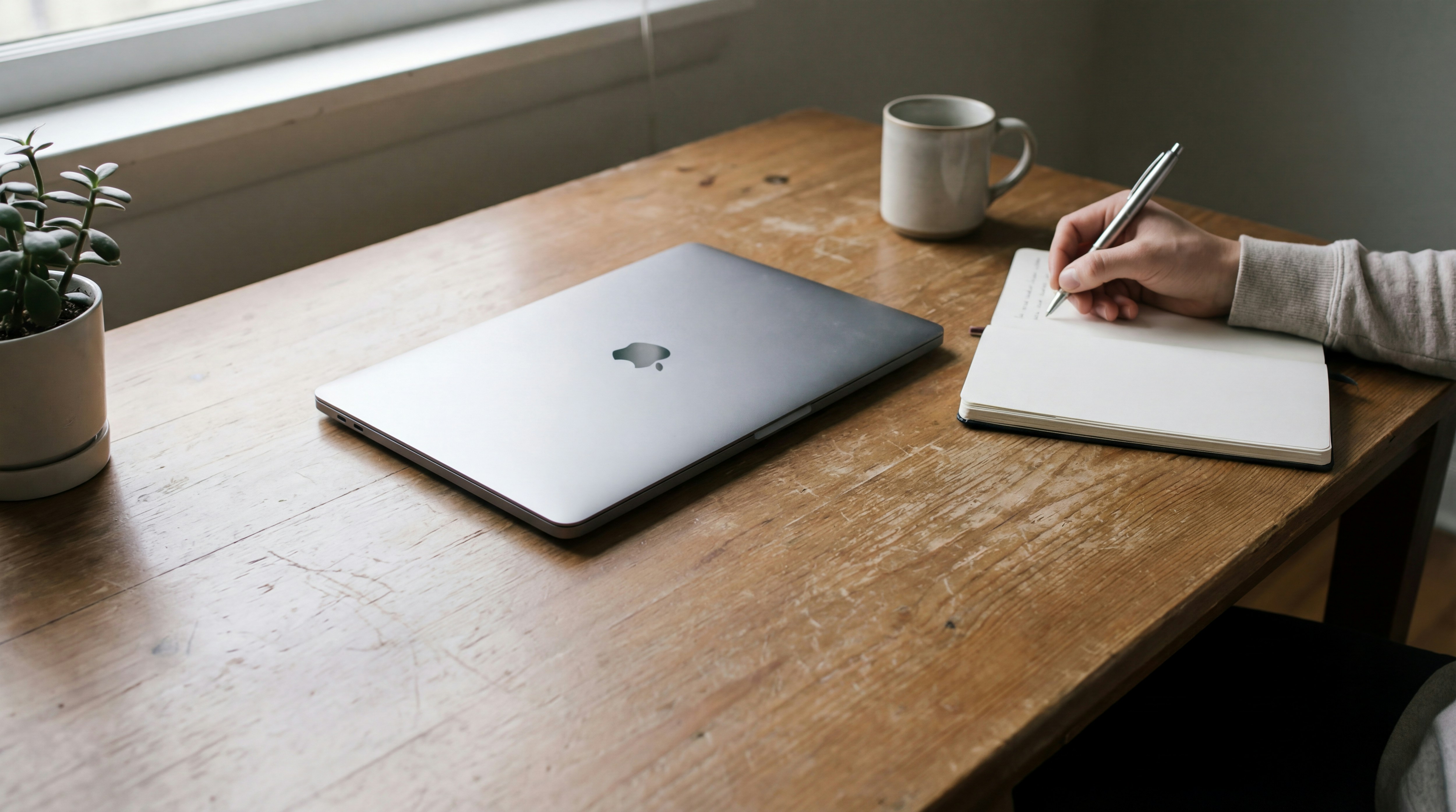 Person writing in notebook next to laptop and plant.