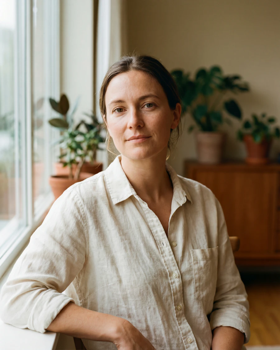 Woman seated by a window in warm natural light with a calm, reflective expression