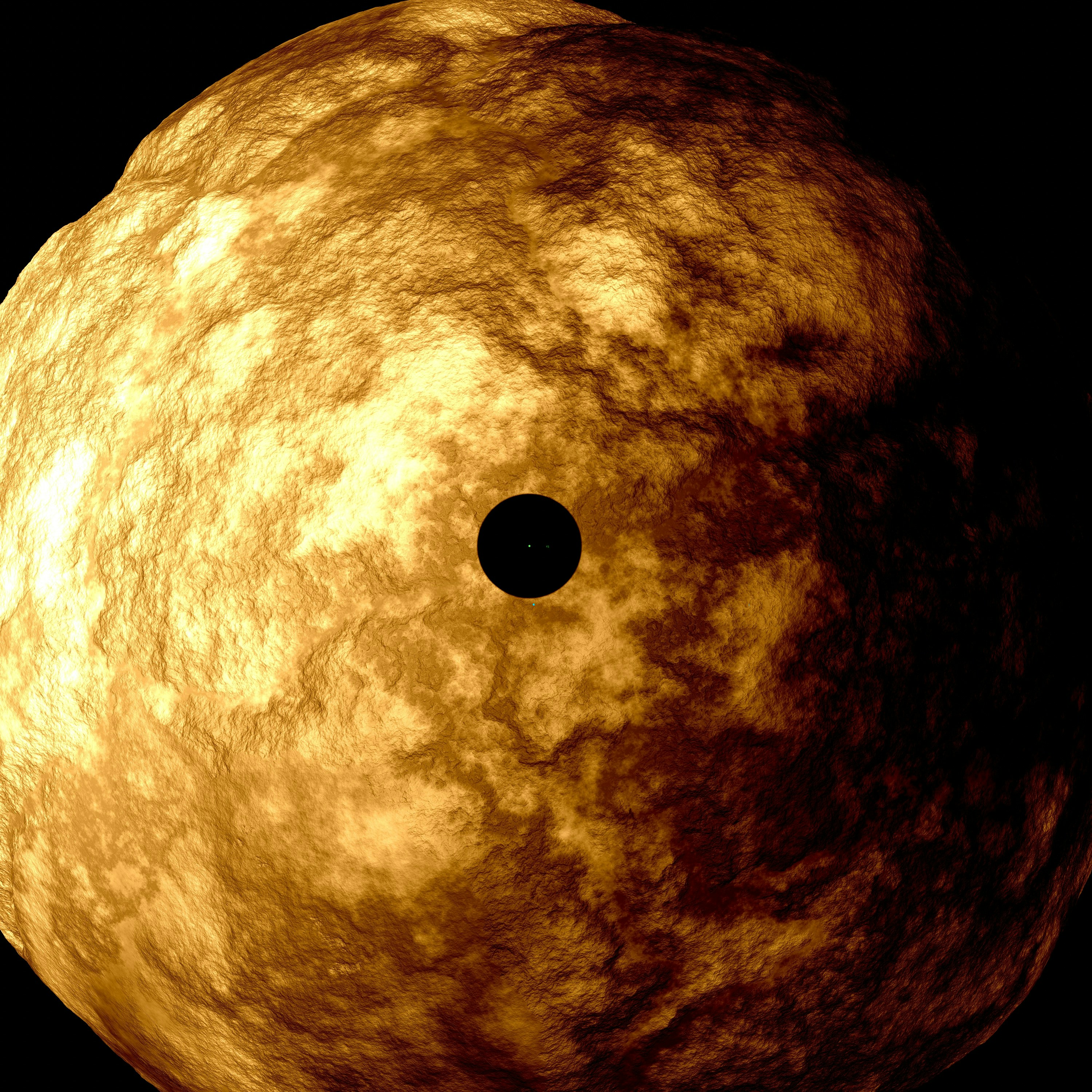 Una esfera oscura eclipsa un cuerpo celeste brillante y texturizado.