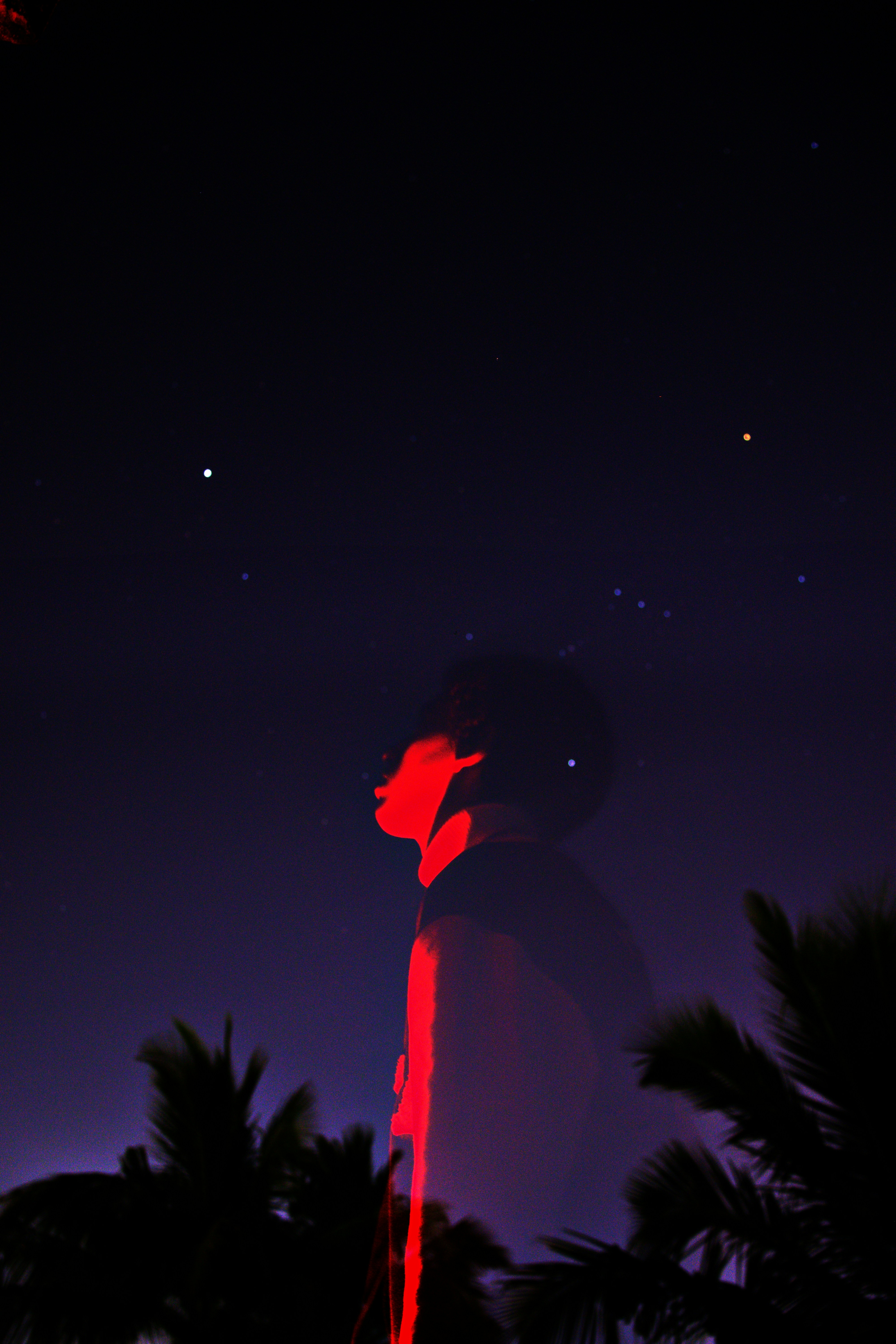 Silhouette of a person against a starry night sky.