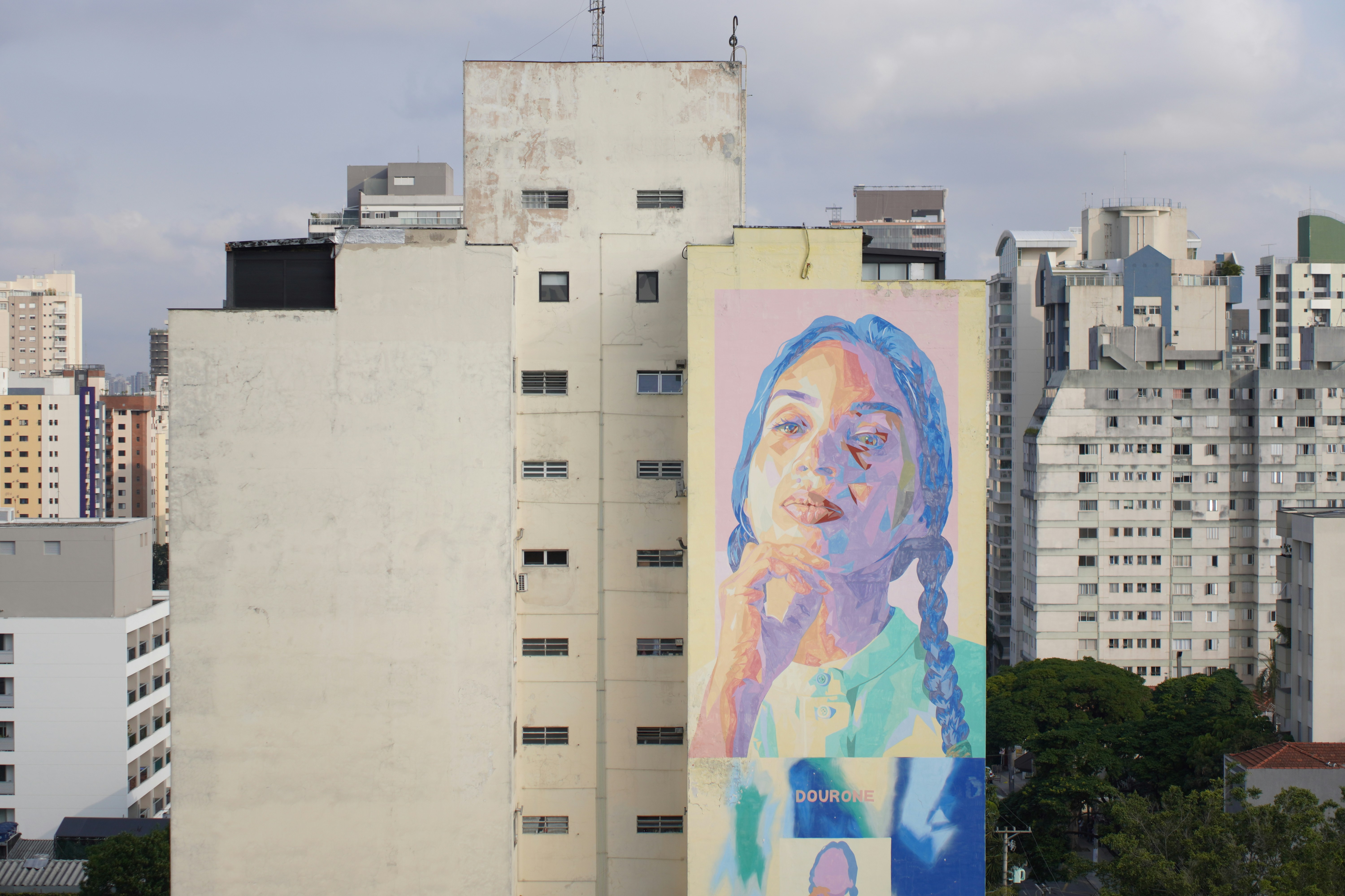 Mural of a woman's face on a tall building.