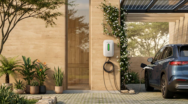 Electric car charging at a modern home with solar panels