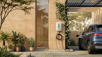 Electric car charging at a modern home with solar panels