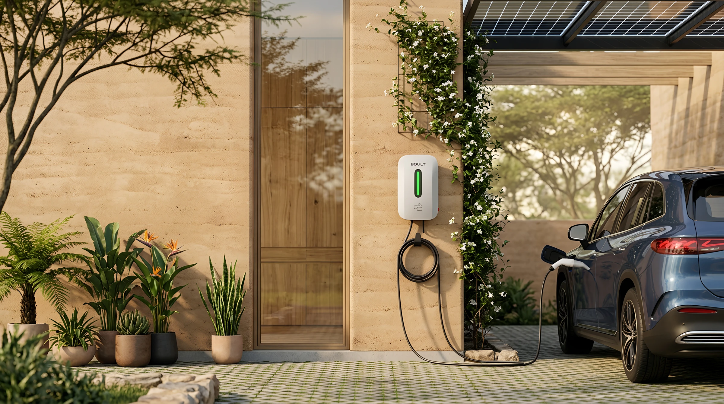 Electric car charging at a modern home with solar panels