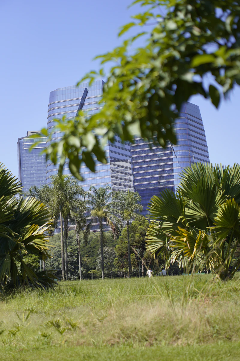 Well-maintained lawn and landscaping outside a commercial building