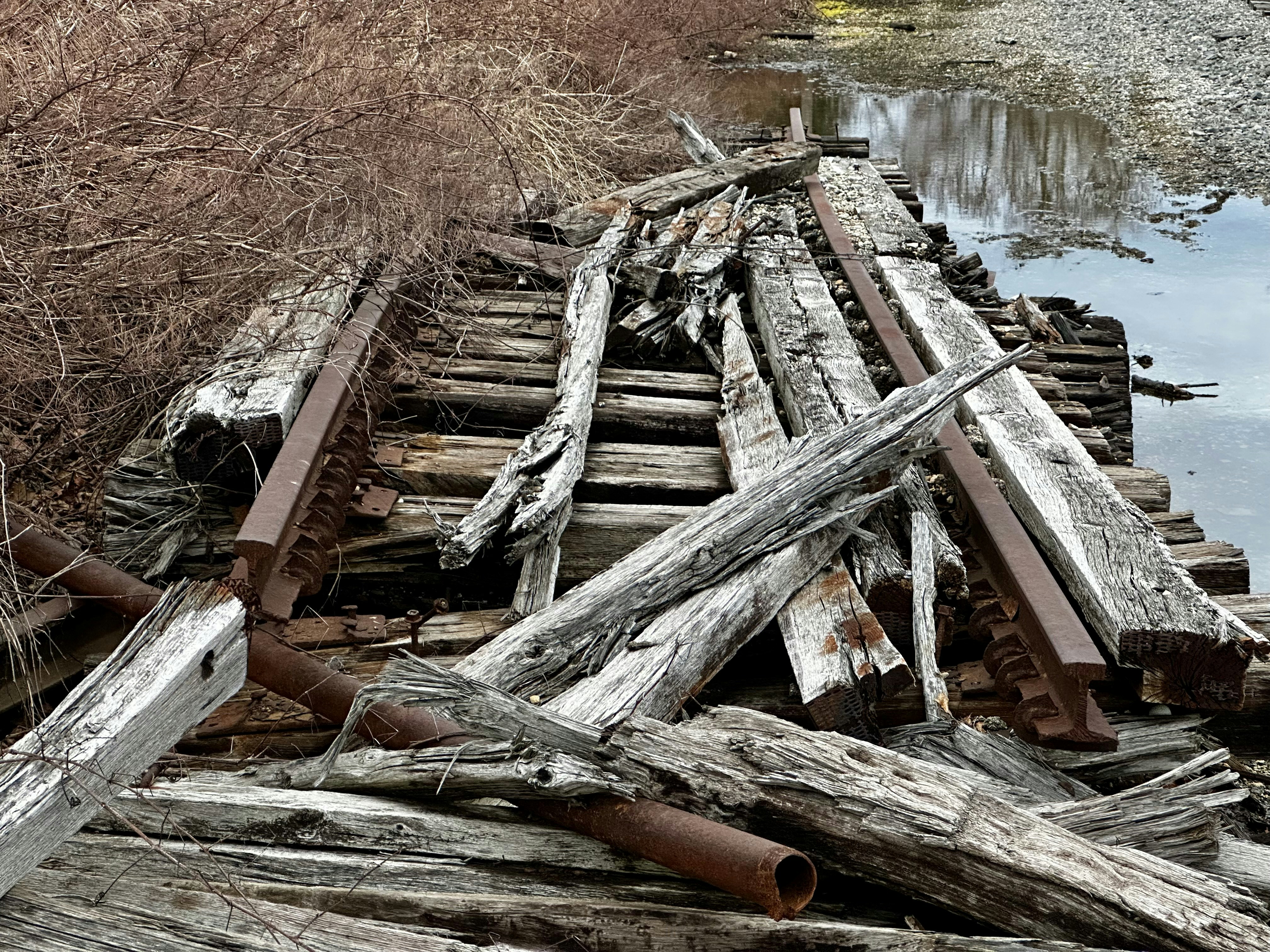 Puente de madera deteriorado con barandales metálicos oxidados sobre el agua.