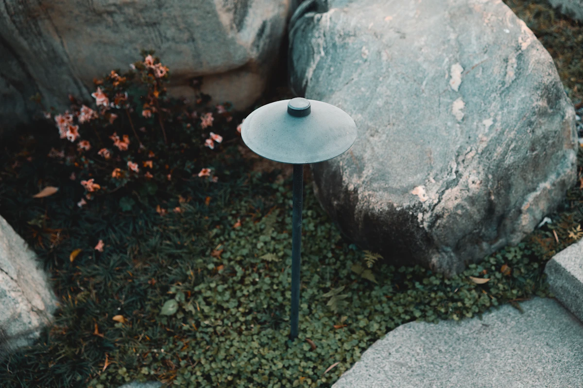 A garden light sits between rocks and plants.