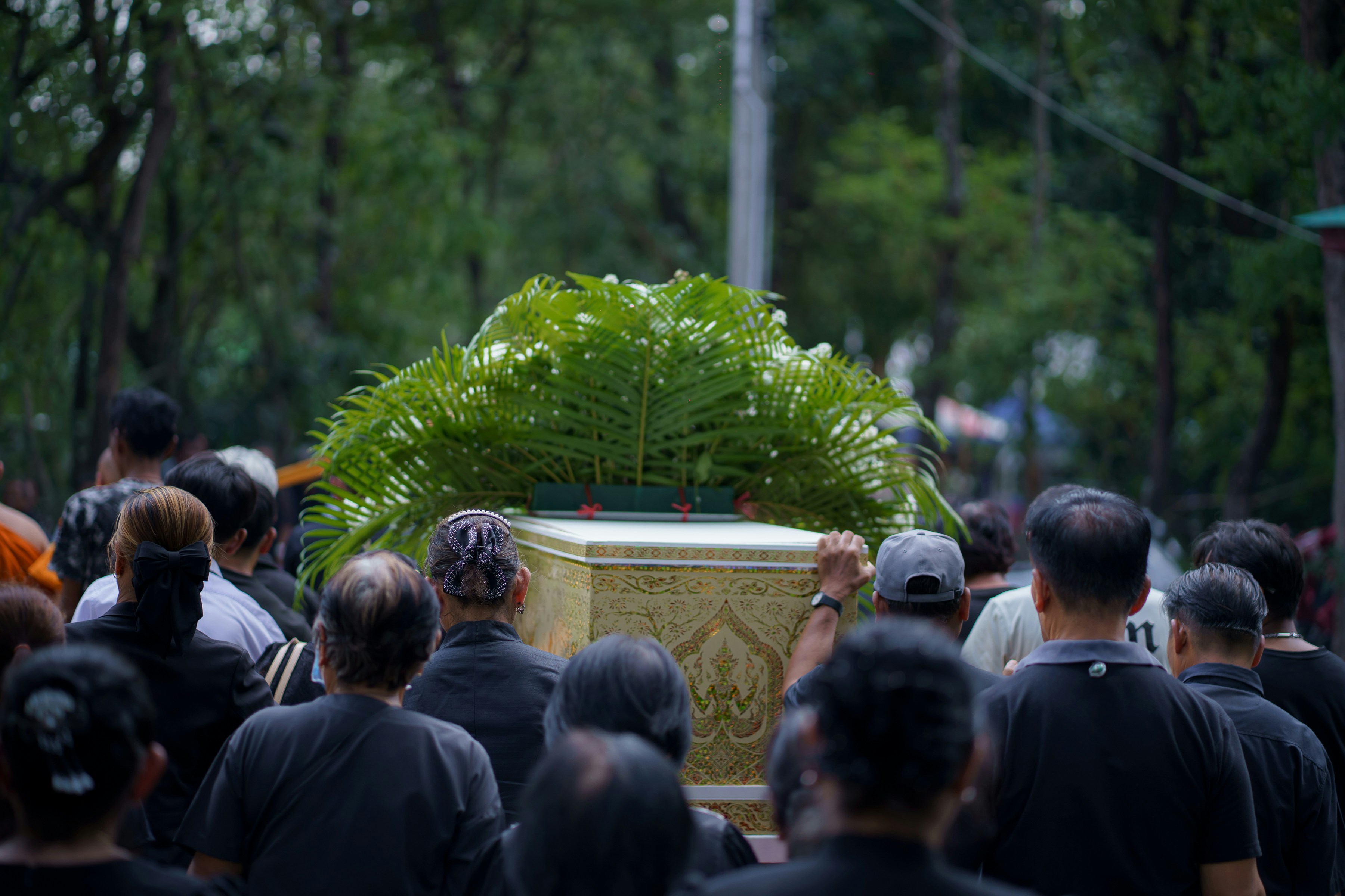 A funeral procession carries a decorated coffin through trees.