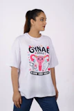 Woman wearing a white t-shirt with uterus graphic