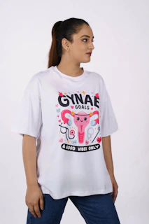 Woman wearing a white t-shirt with uterus graphic