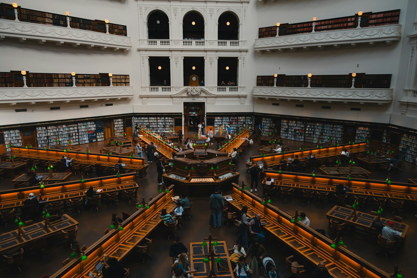 Grand library with balconies and reading tables