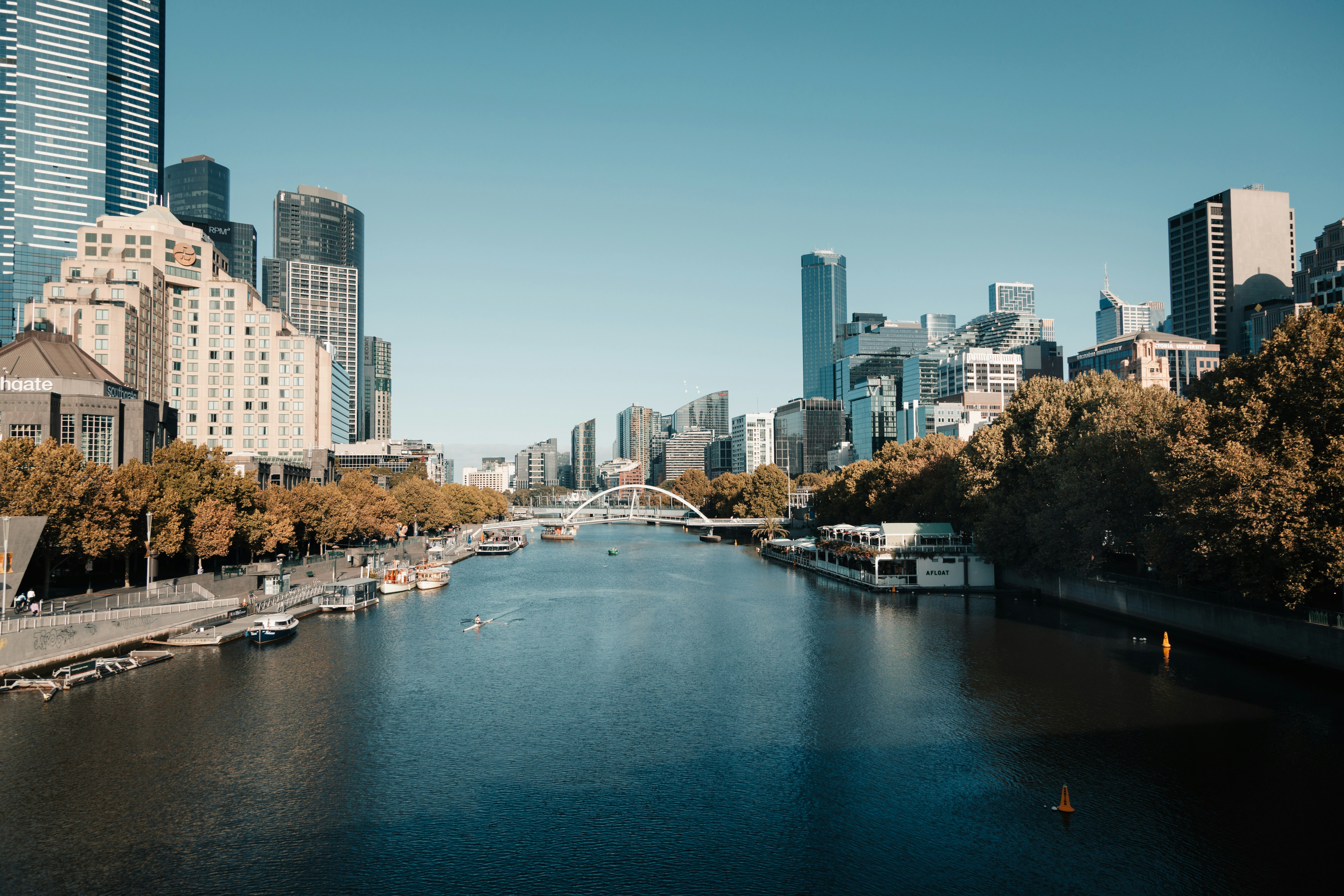 City skyline with river and trees on a clear day.