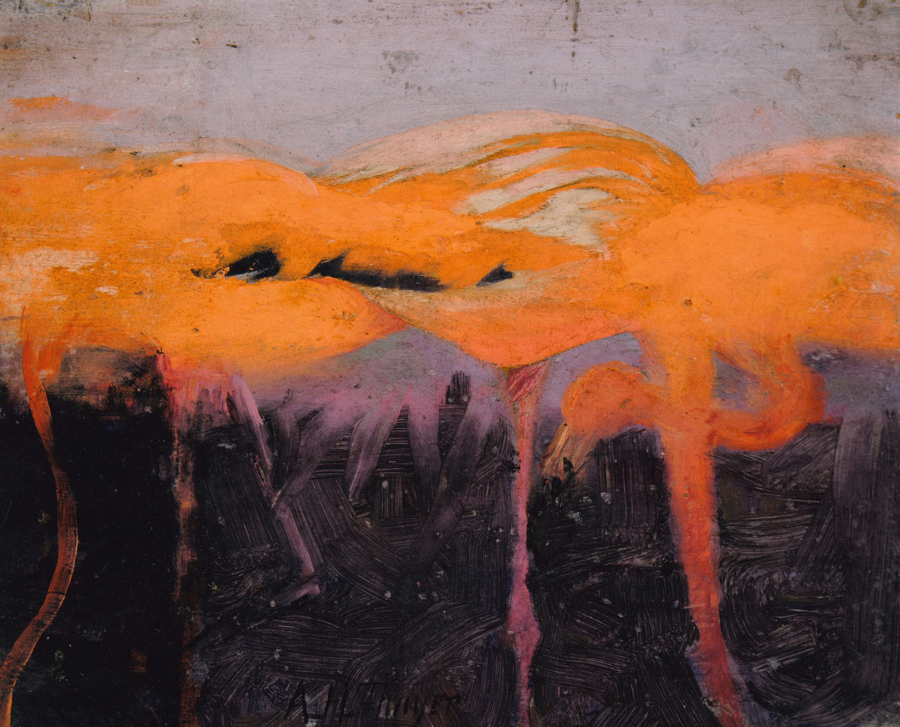 Pintura abstrata com elementos laranja e preto