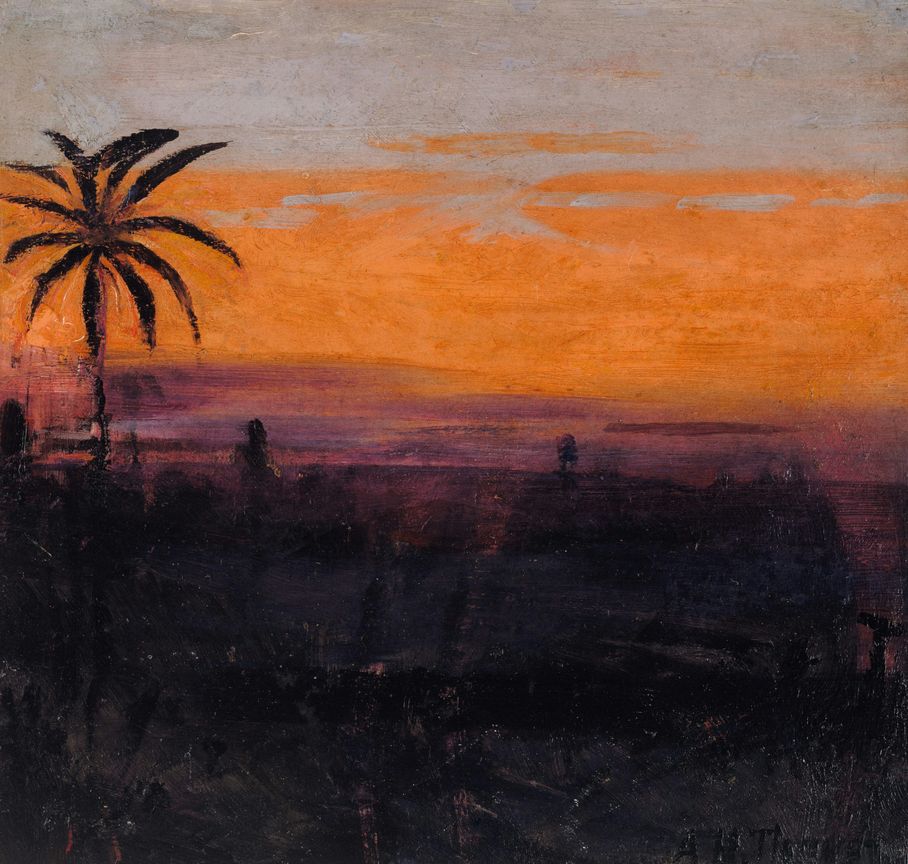 Palm tree silhouetted against an orange sunset sky.