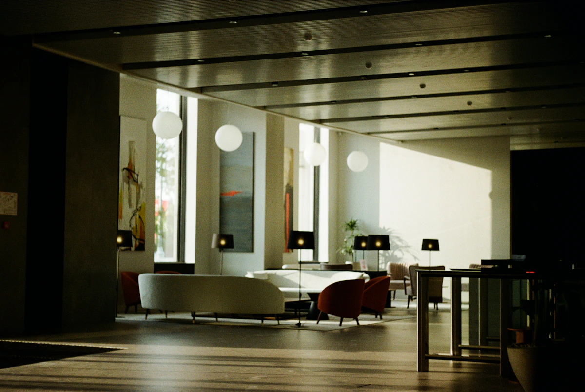A hotel lobby with natural light