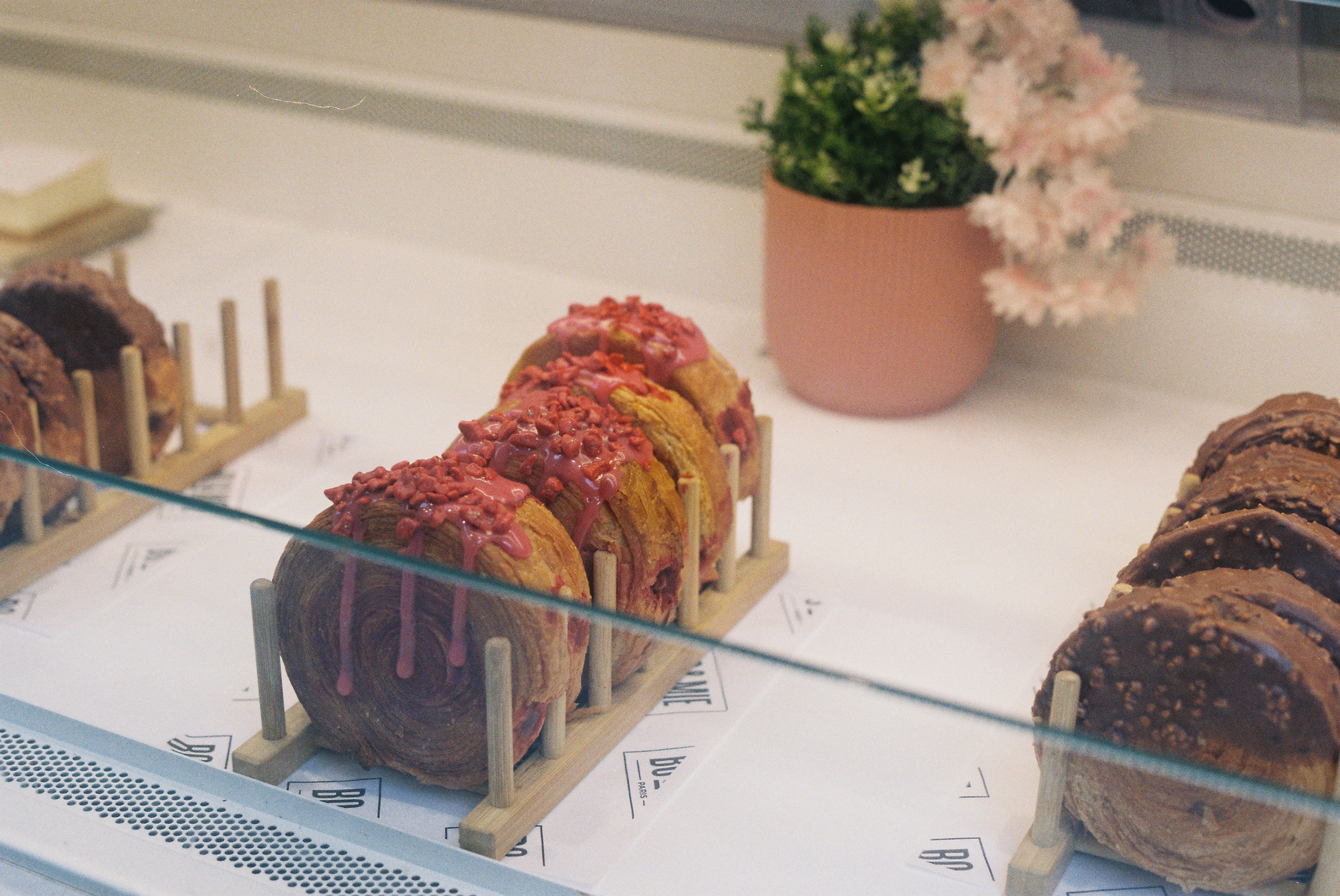 Decorated doughnuts in a display