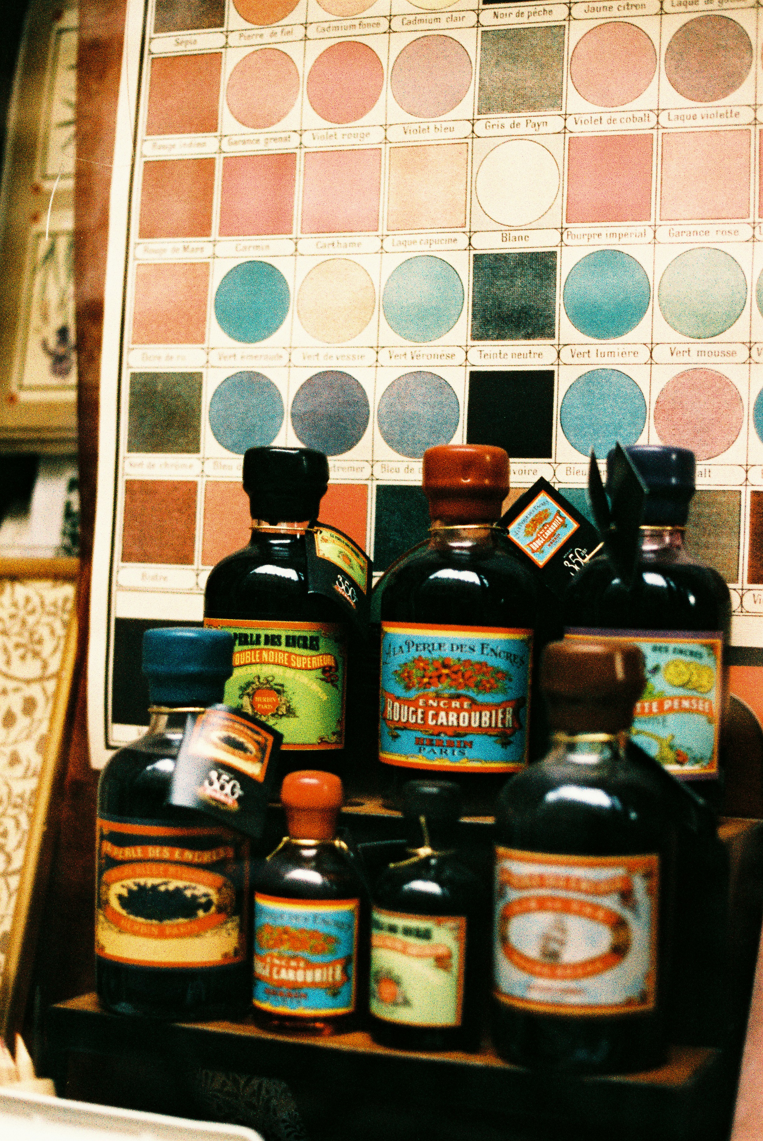 Collection of antique bottles with labels and color chart
