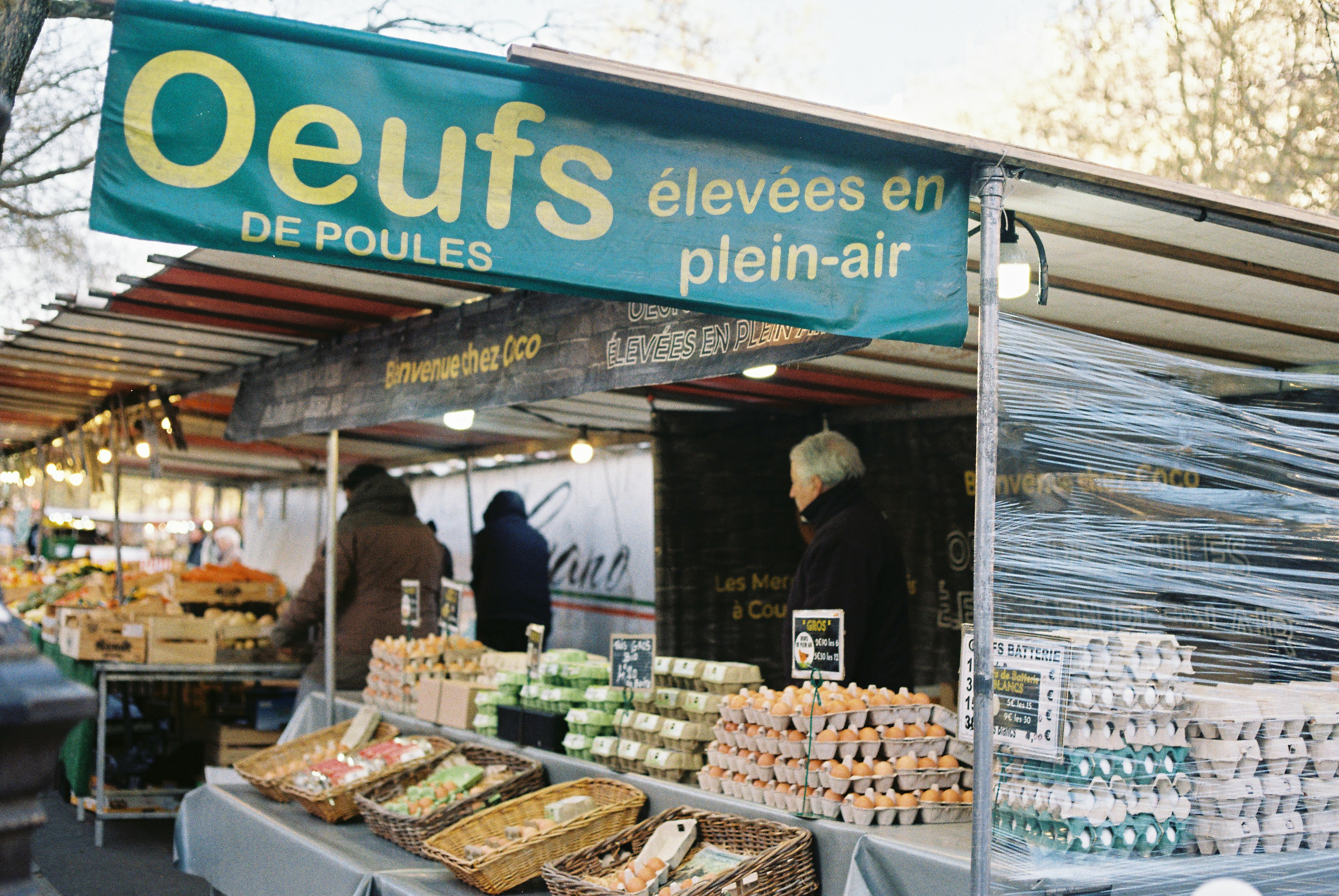Outdoor market stall selling fresh eggs