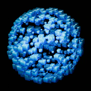 Abstract sphere composed of many small blue cubes