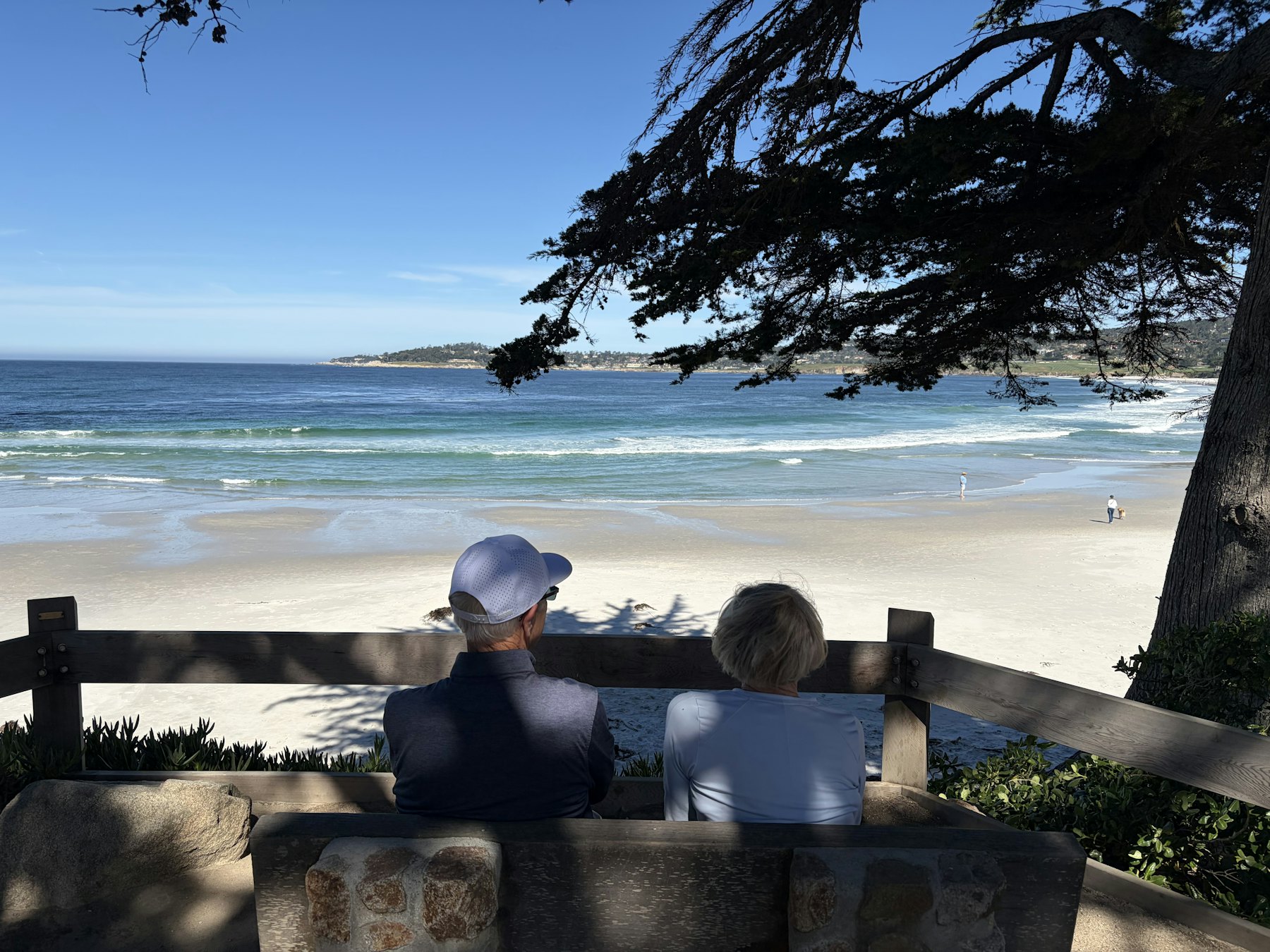 Two people on a bench overlooking a beach