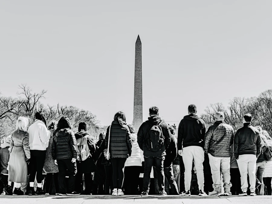 Travellers walking near a famous city landmark