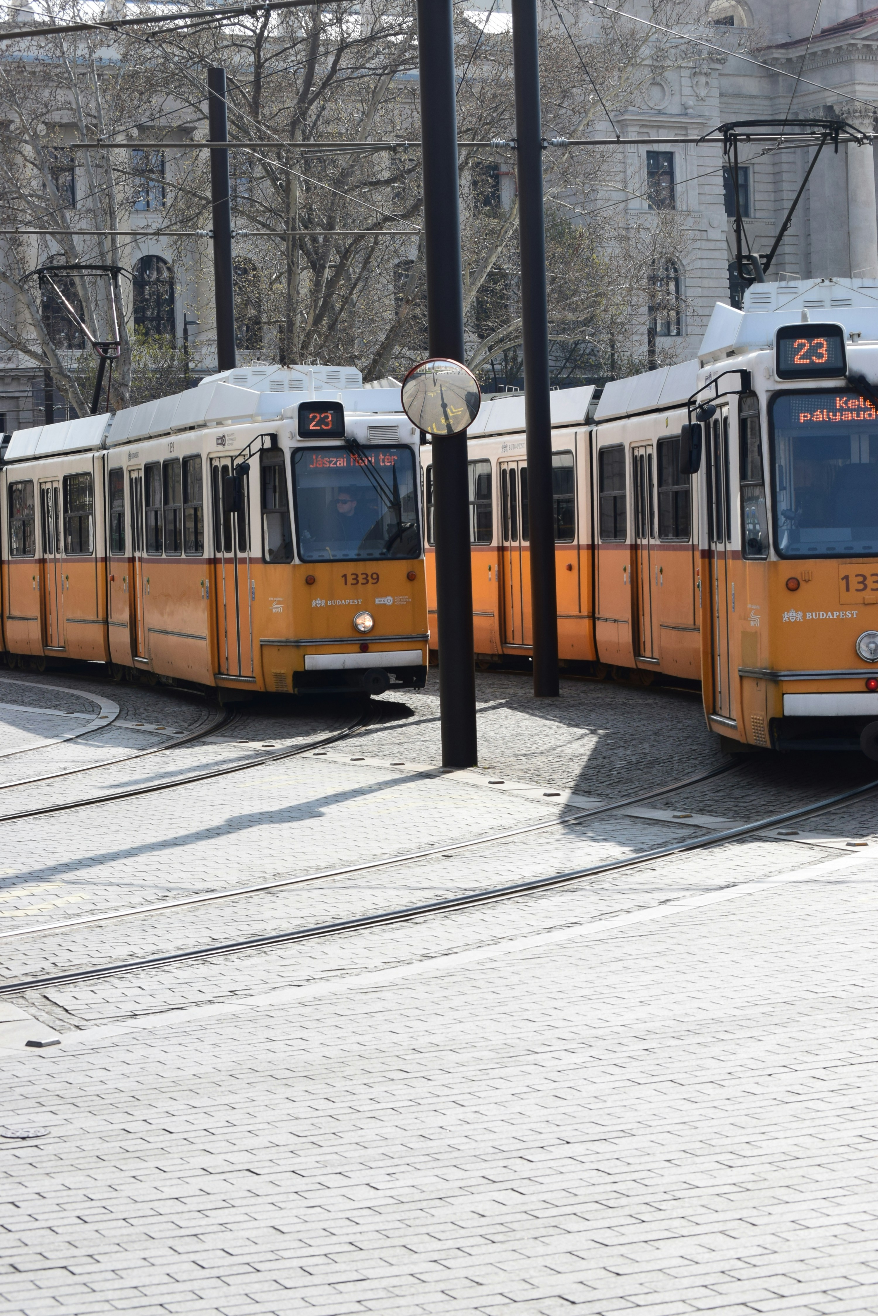 Two yellow trams on a city street