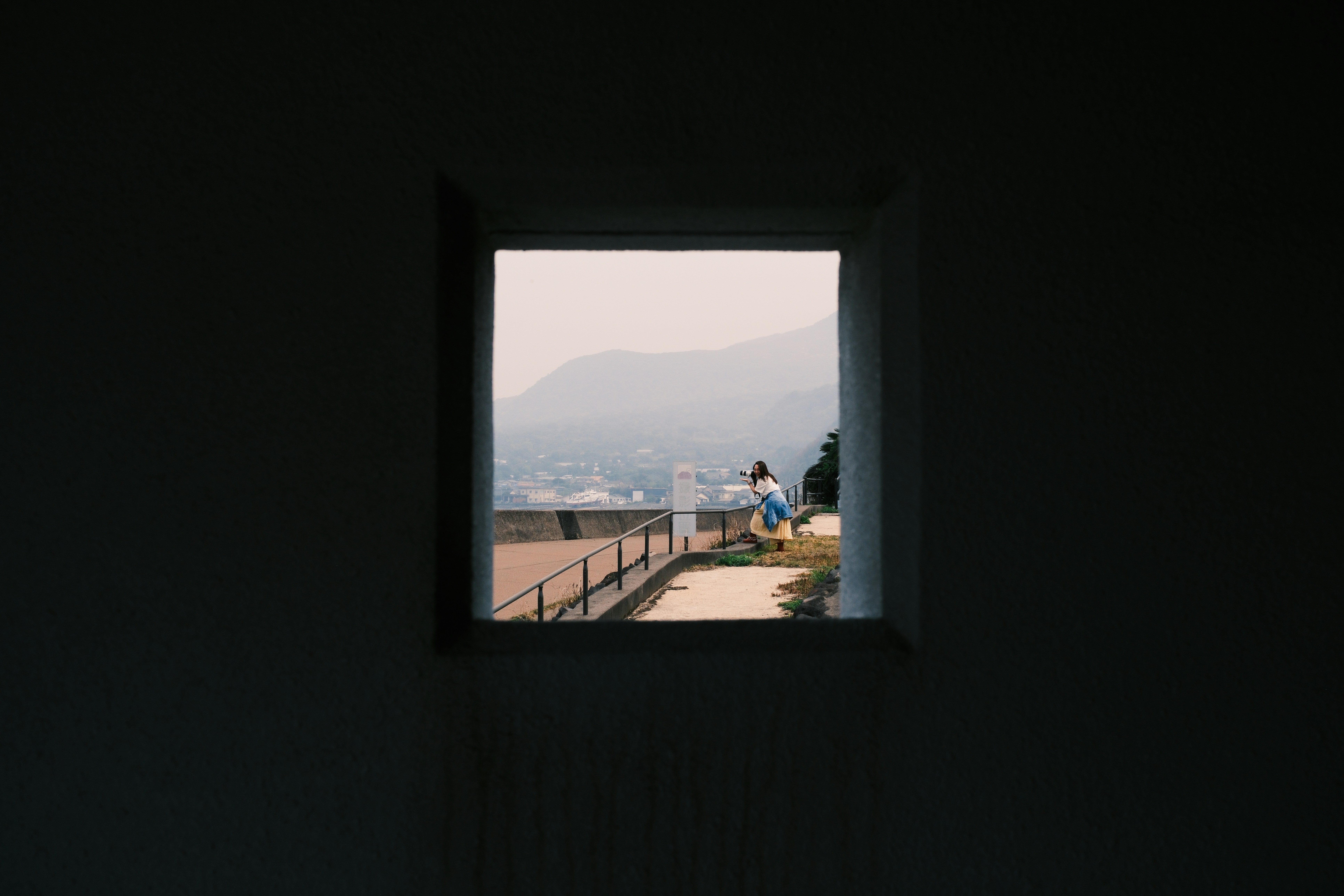 Person looking out a window at a distant cityscape.