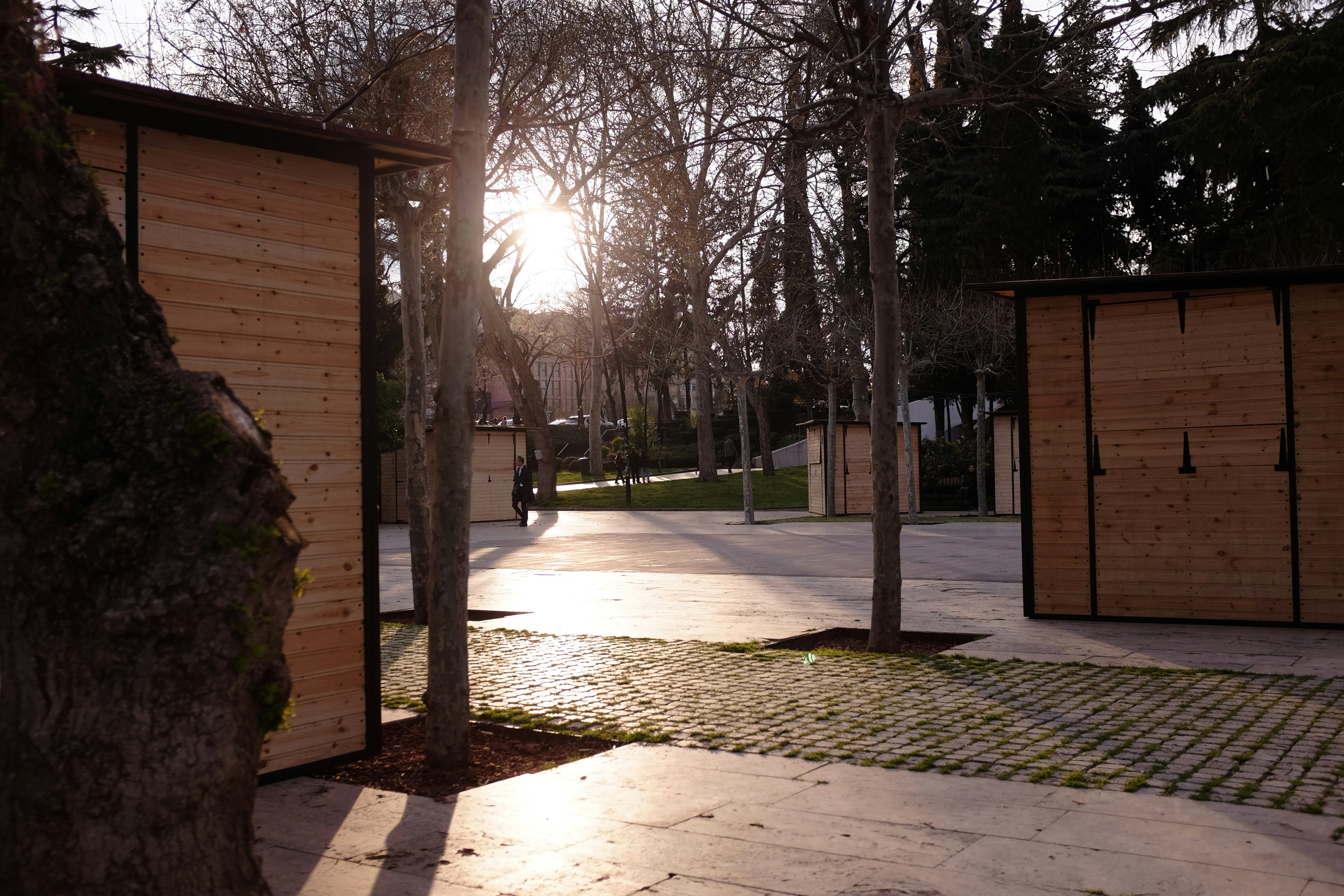 Wooden structures in a park with sunbeams through trees.