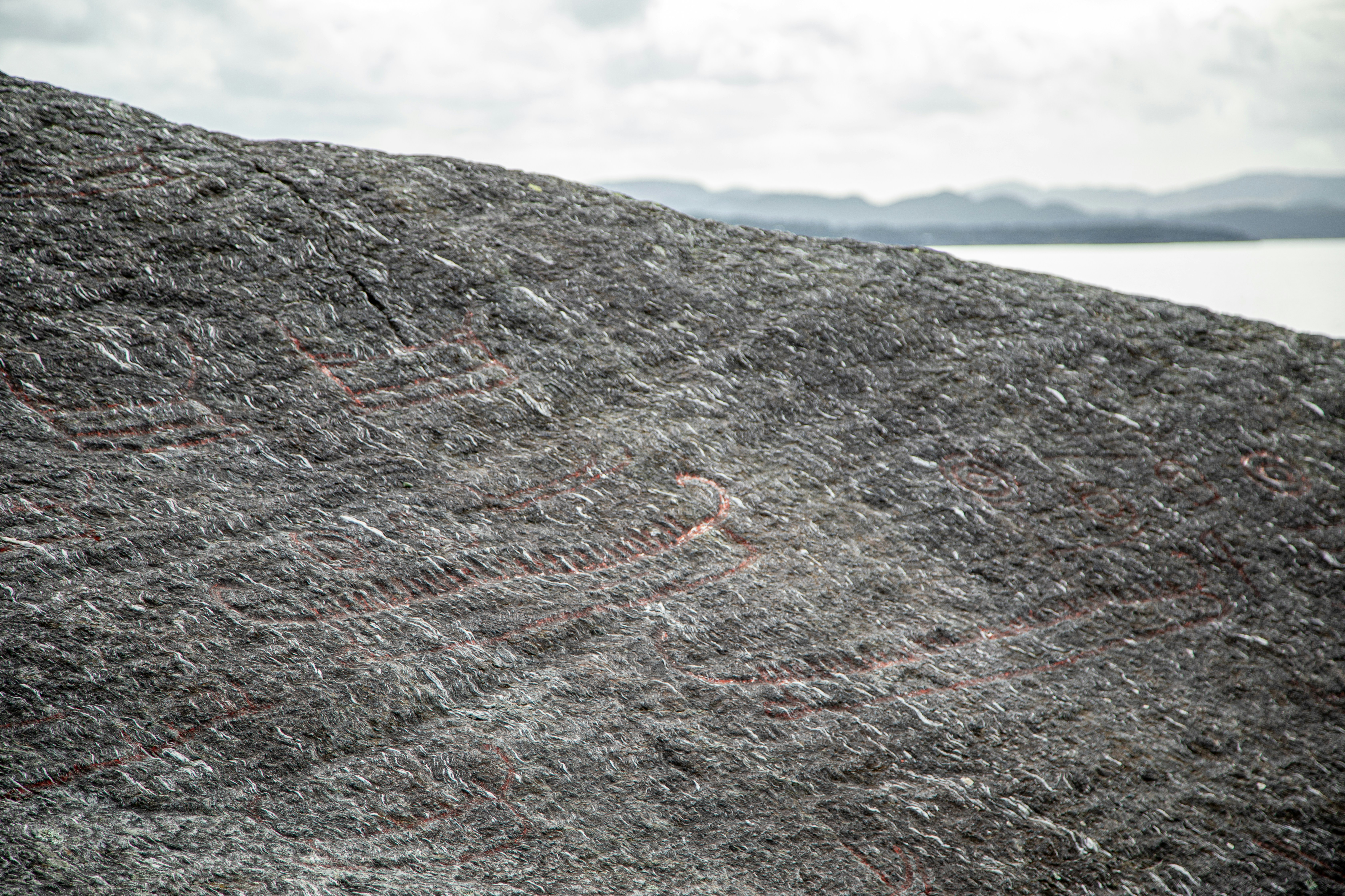 Primo piano di roccia grigia testurizzata con lievi linee rosse.