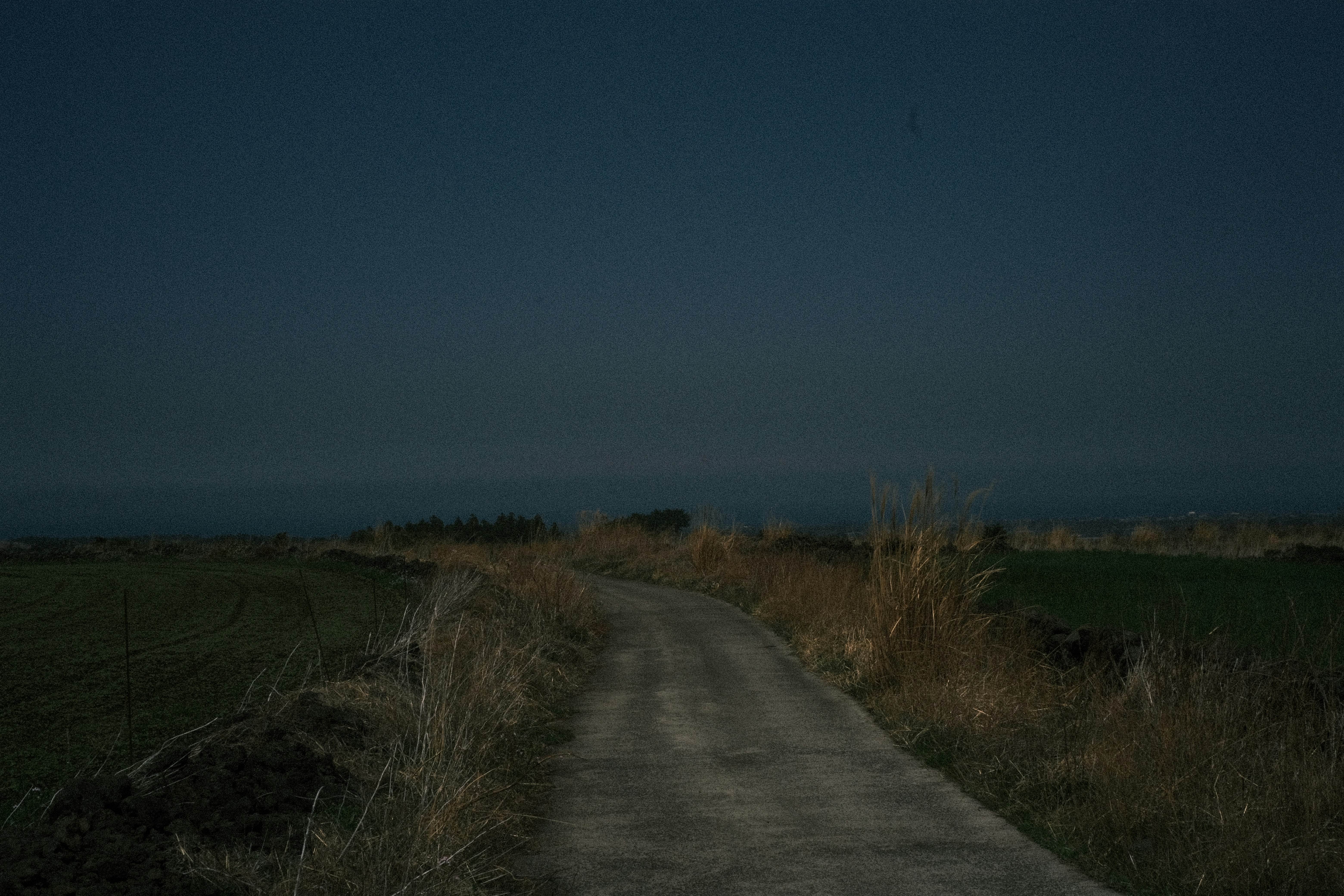 Une route sombre et rurale sous un vaste ciel nocturne.