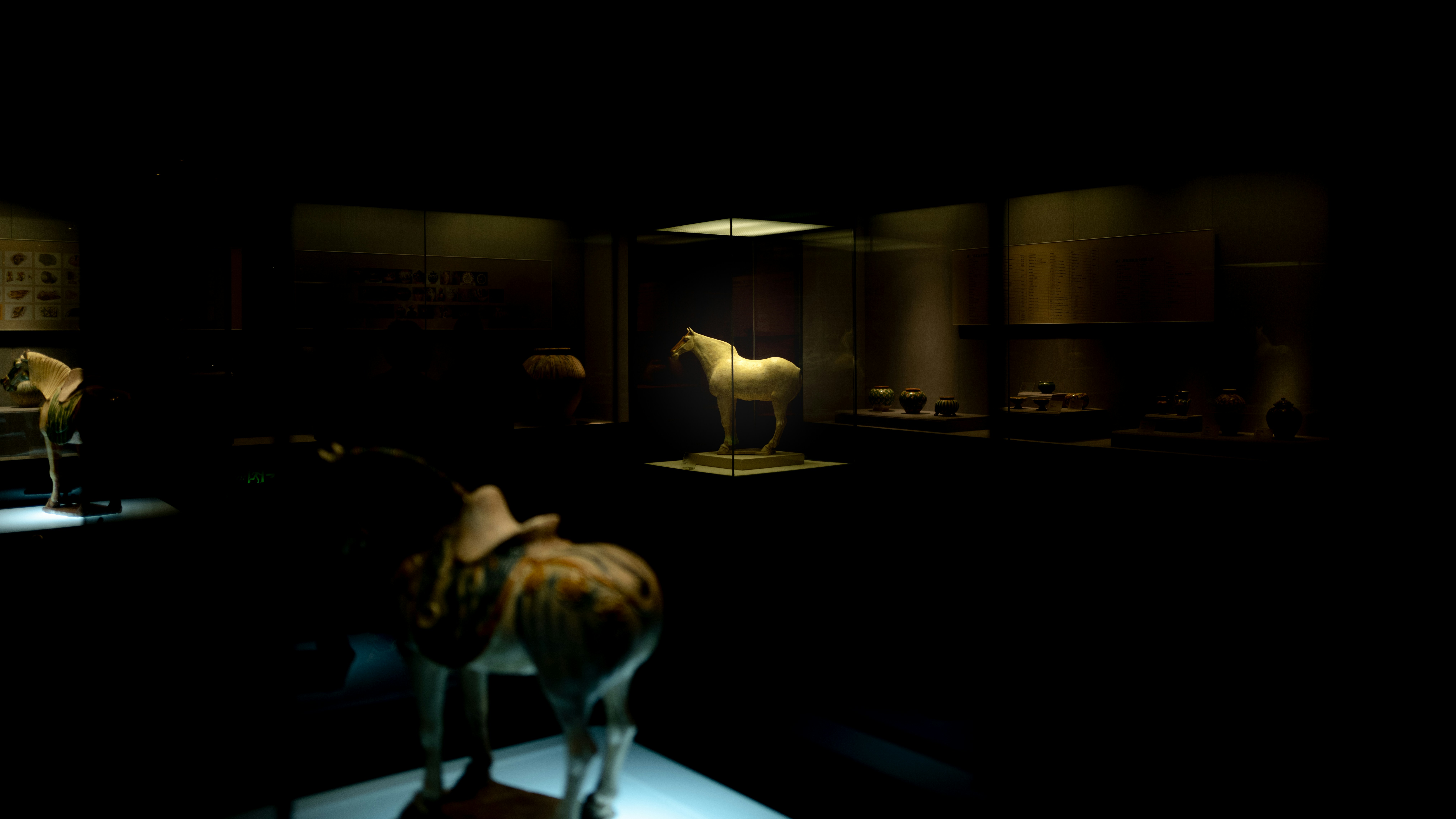 Patung kuda kuno dipajang di museum yang remang-remang.