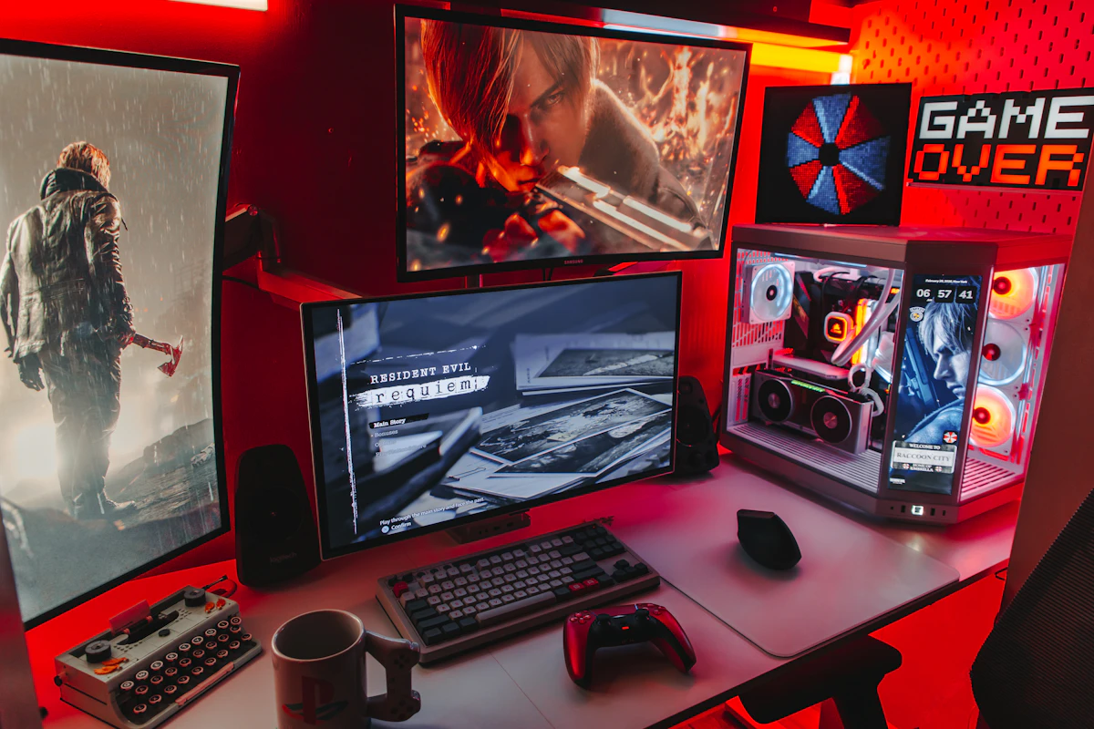 Gamer's setup with multiple monitors and rgb lighting