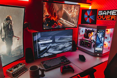 Gamer's setup with multiple monitors and rgb lighting