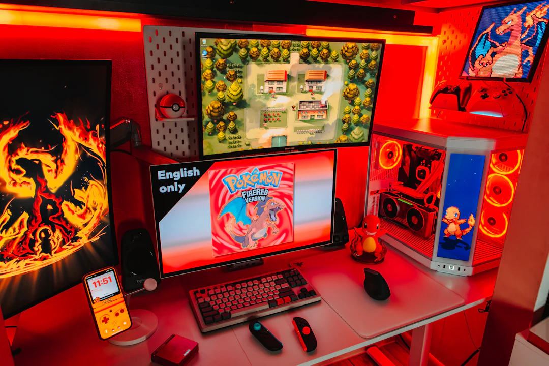 A red-lit gaming setup with multiple screens