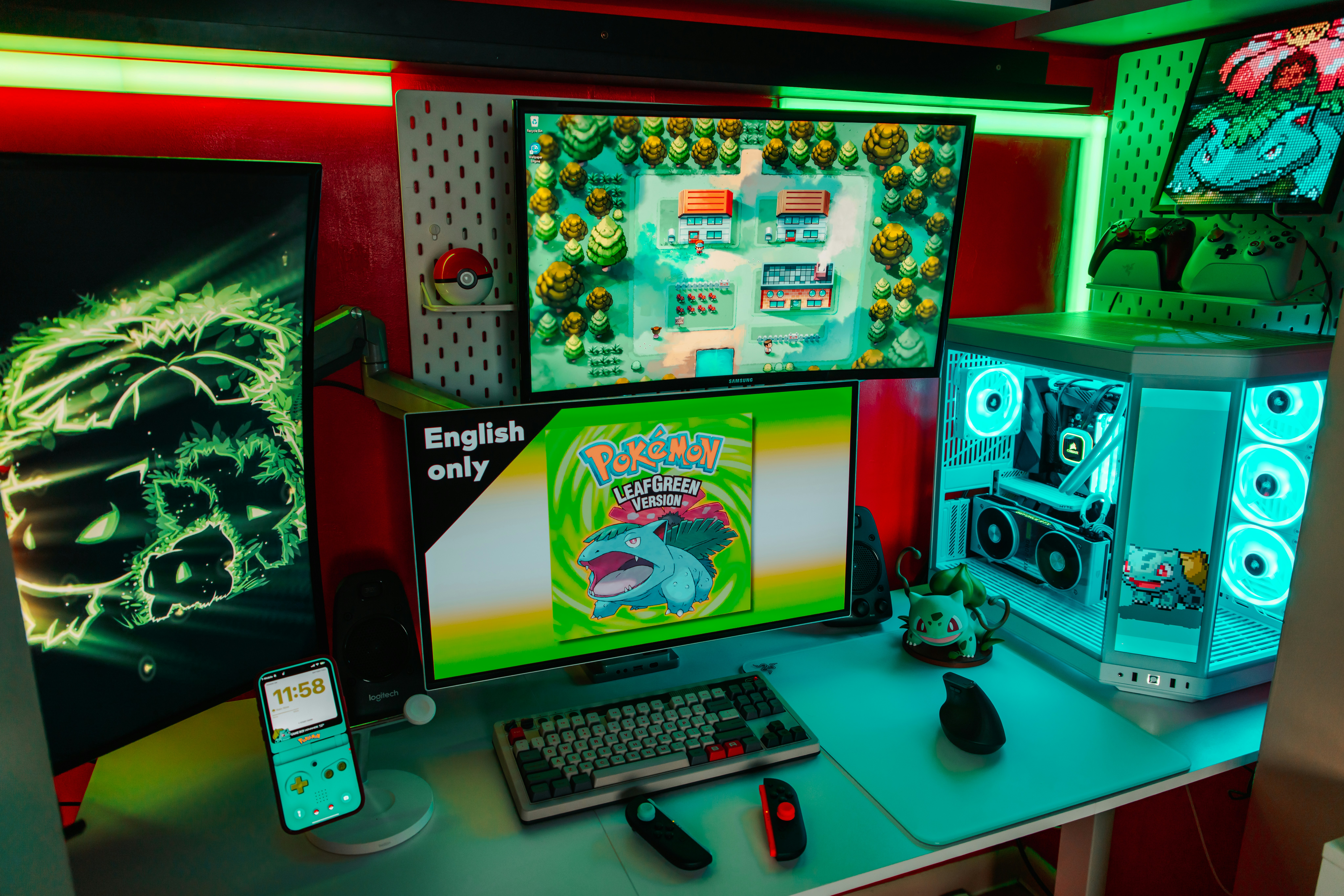 Configuración de juego con múltiples pantallas y luces de colores