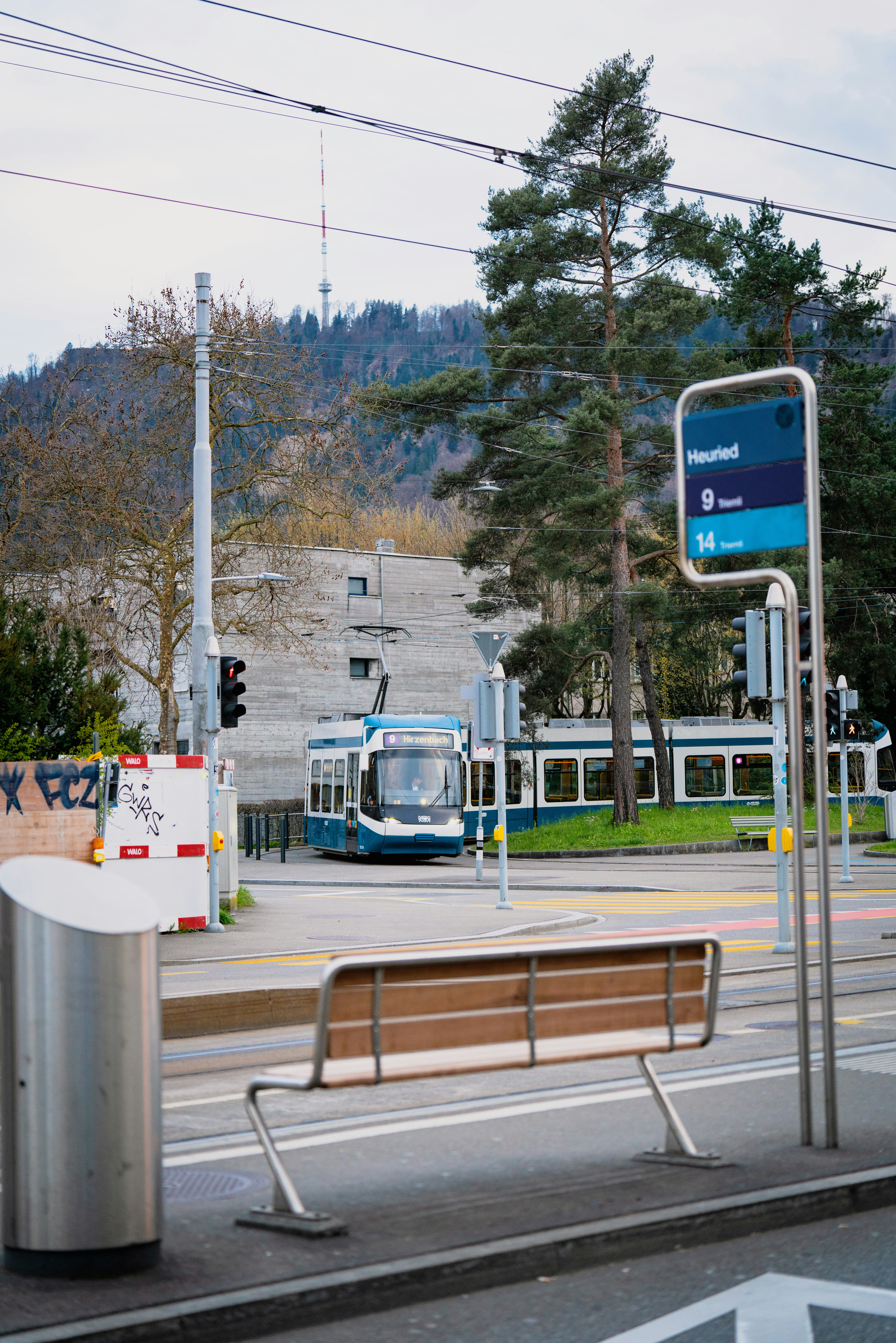 A tram waits at a bus stop near trees.