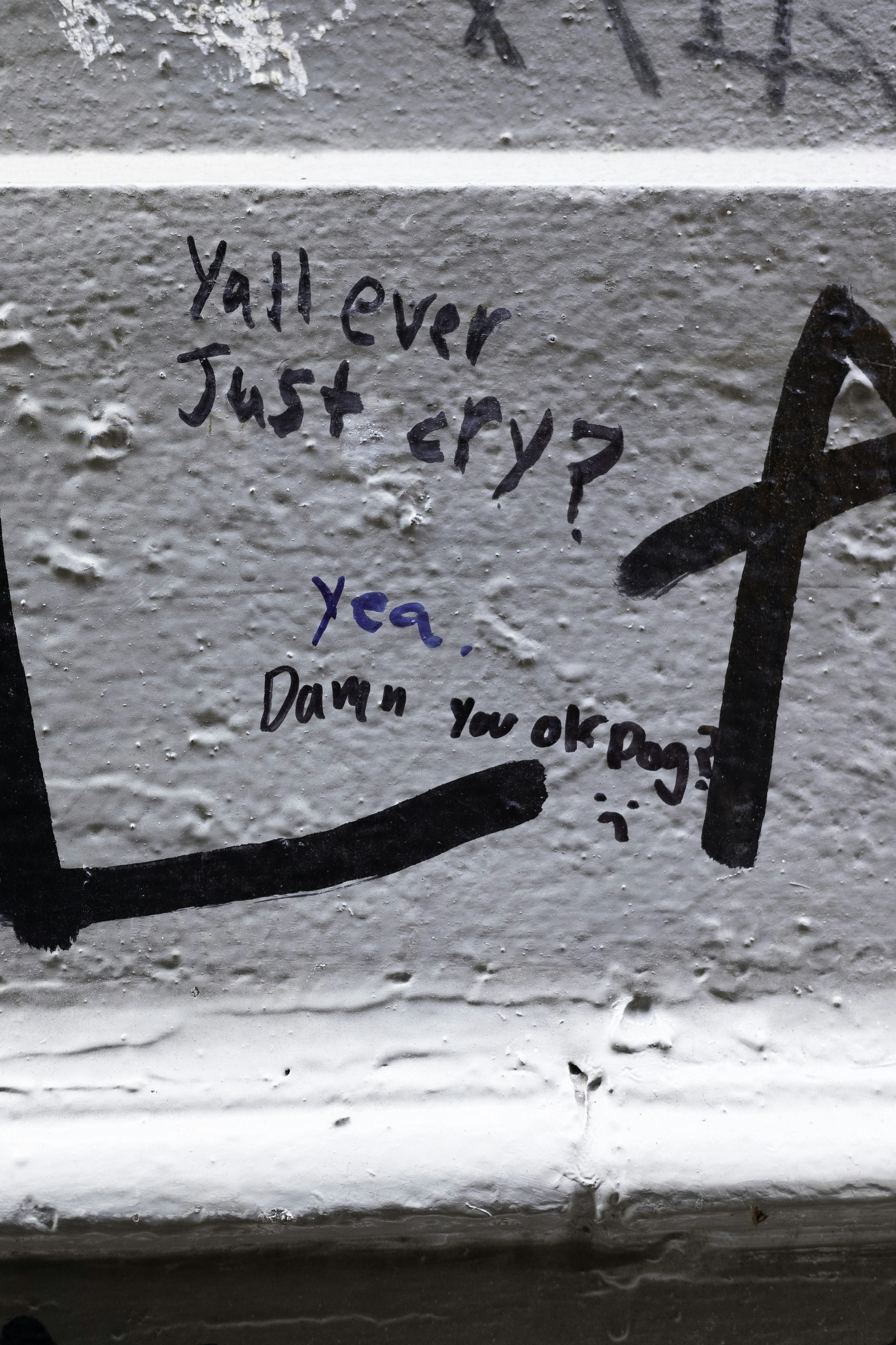 Un graffiti su un muro recita 'voi never just cry?'