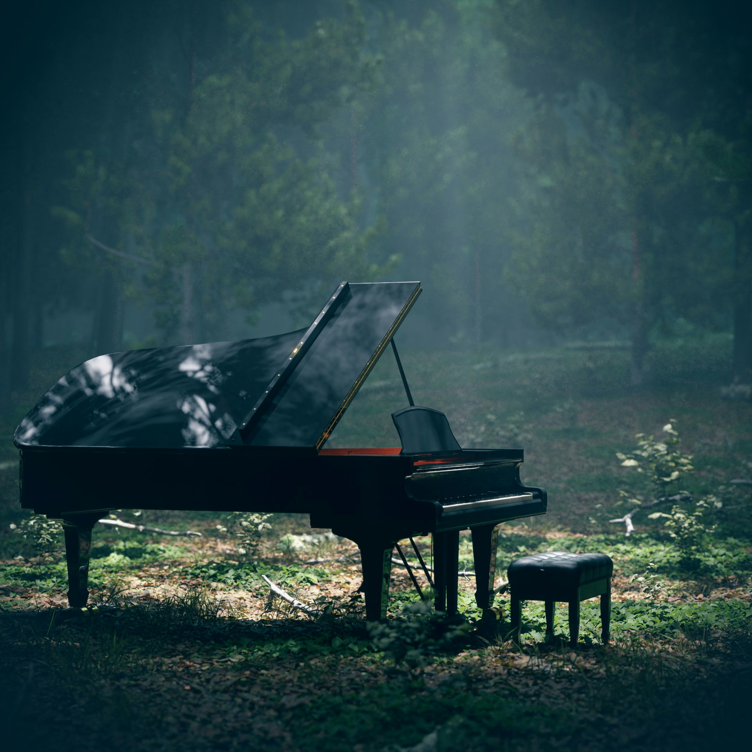A grand piano sits in a misty, sunlit forest clearing.